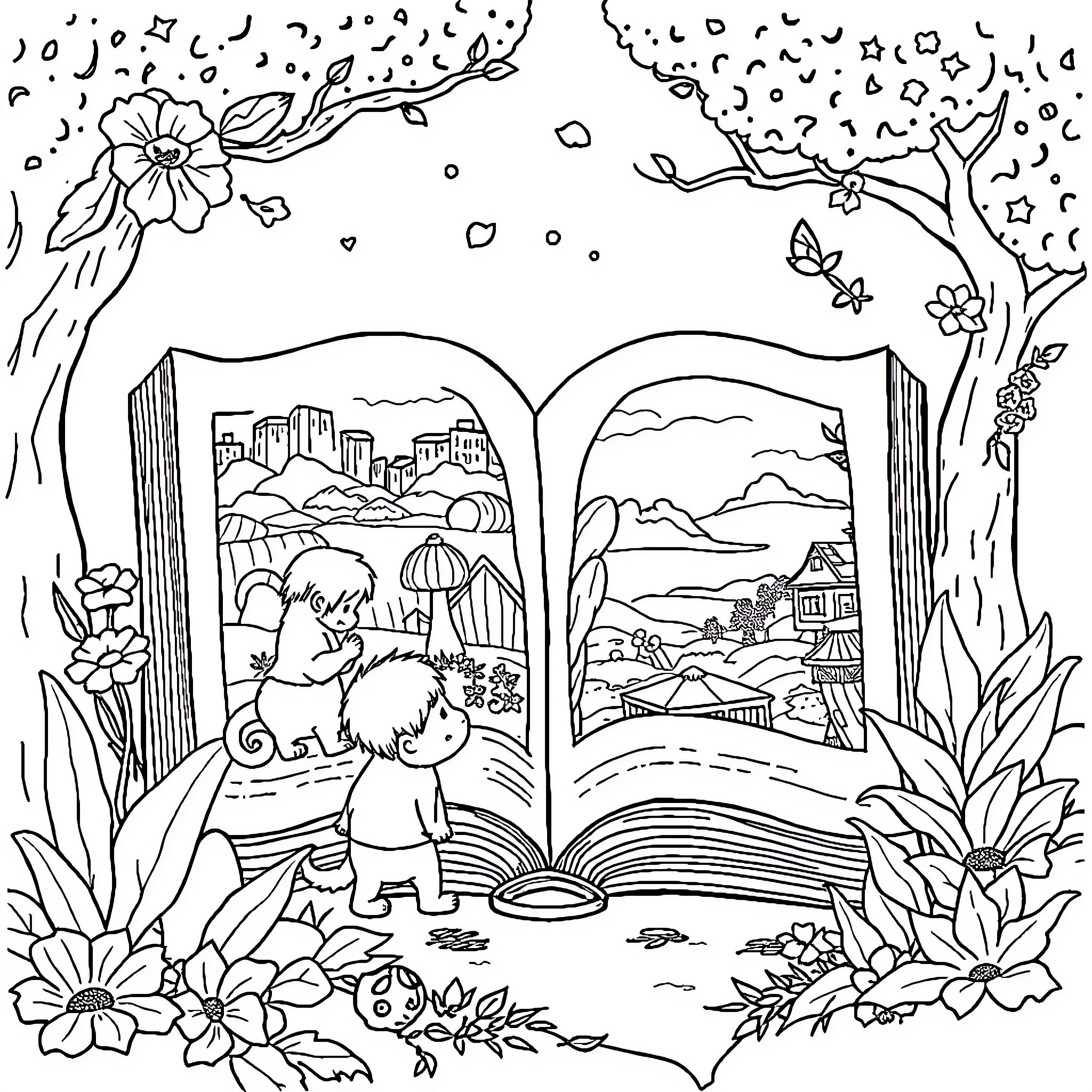 Storybook of Whimsical Adventure and Discovery Coloring Page (free black-and-white line drawing printable PDF for all, from beginners to advanced learners, including children, teens, adults, and seniors)