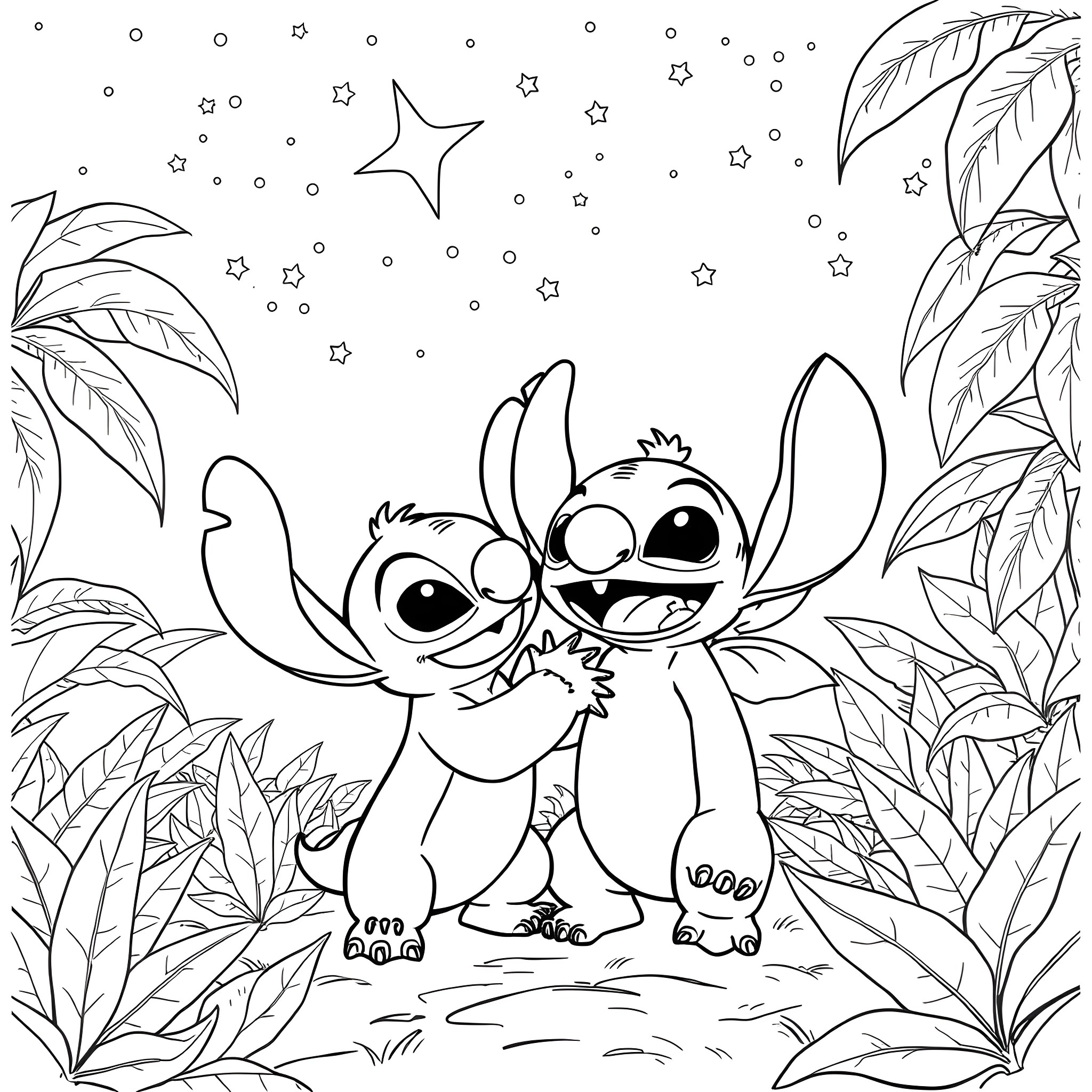 Stitch exploring the starry night with friends Coloring Page (free black-and-white line drawing printable PDF for all, from beginners to advanced learners, including children, teens, adults, and seniors)