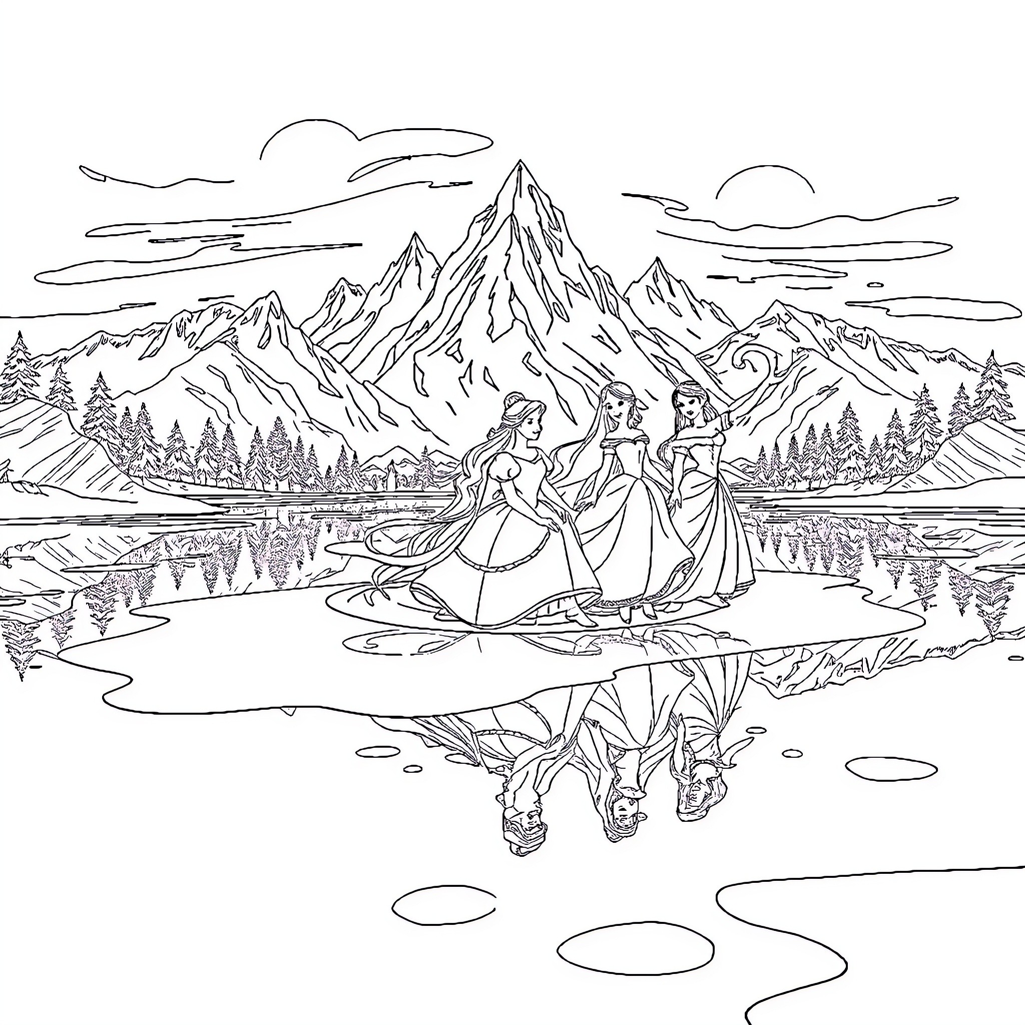 Princess Skating on Frozen Lake with Friends Coloring Page (free black-and-white line drawing printable PDF for all, from beginners to advanced learners, including children, teens, adults, and seniors)