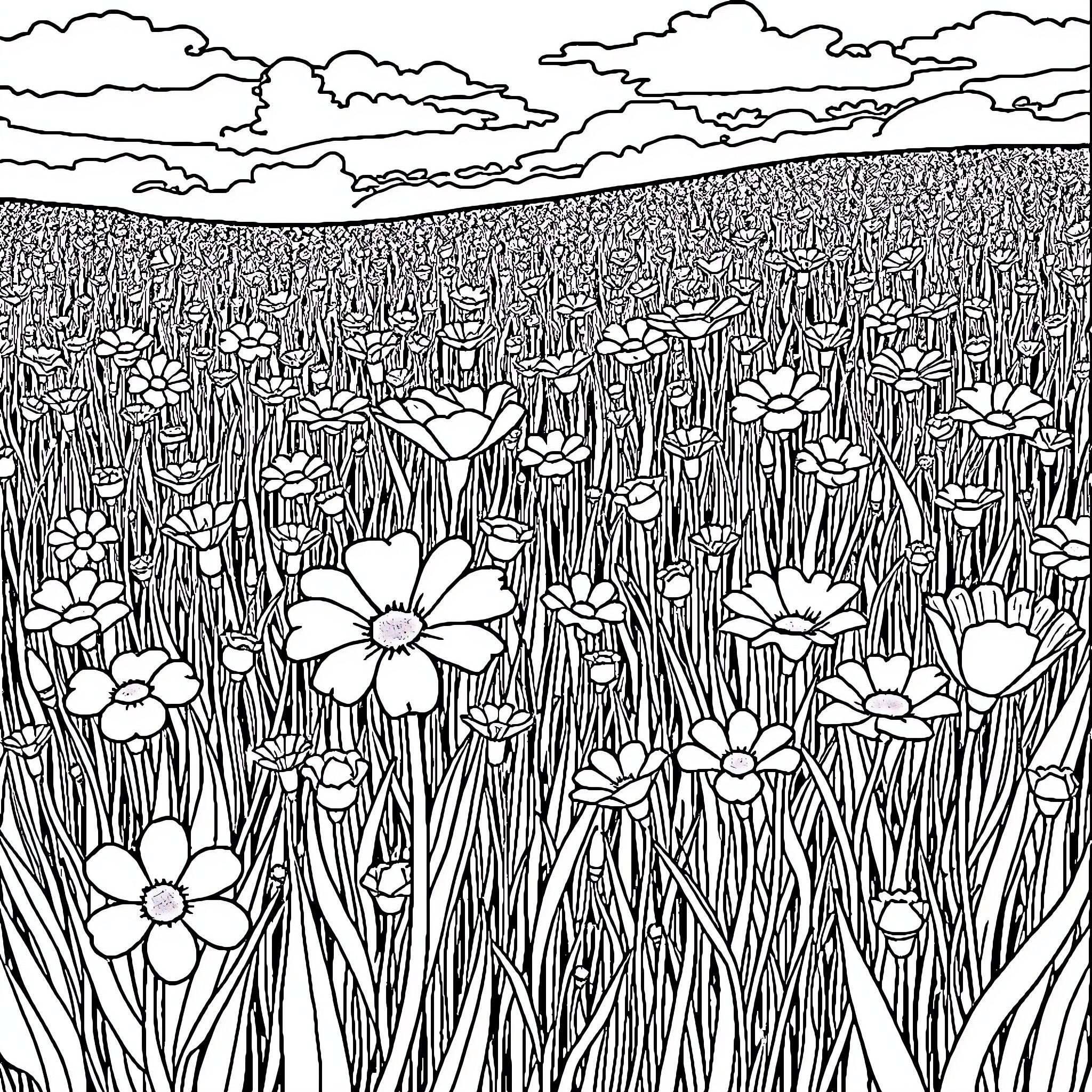 Flower field filled with blooming flowers Coloring Page (free black-and-white line drawing printable PDF for all, from beginners to advanced learners, including children, teens, adults, and seniors)