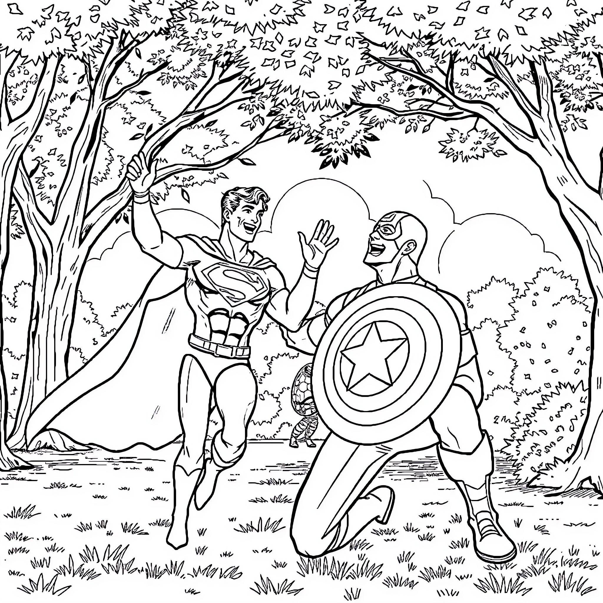 Superman and Captain America in an outdoor adventure Coloring Page (free black-and-white line drawing printable PDF for all, from beginners to advanced learners, including children, teens, adults, and seniors)