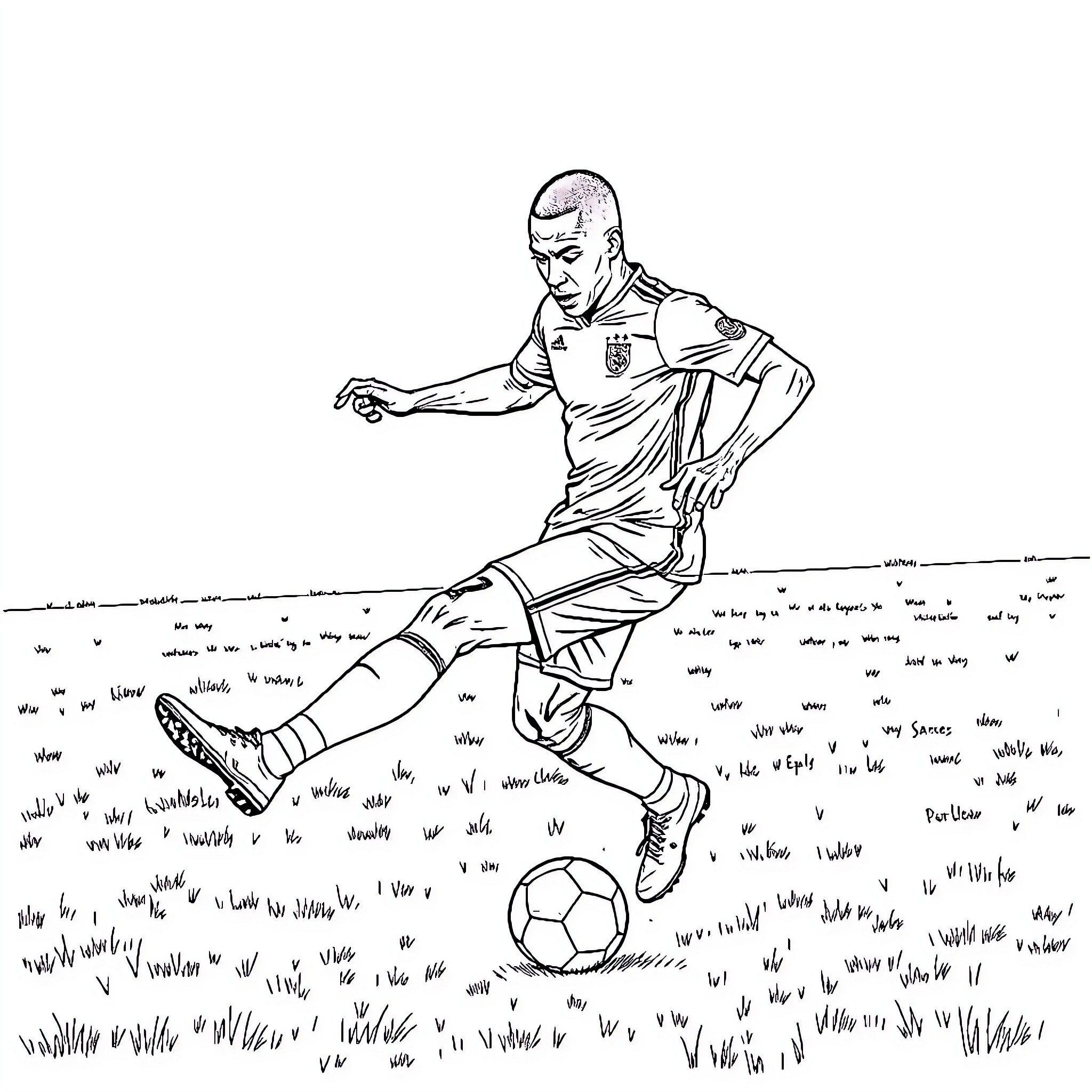 Mbappe Dribbling on the Field Coloring Page (free black-and-white line drawing printable PDF for all, from beginners to advanced learners, including children, teens, adults, and seniors)