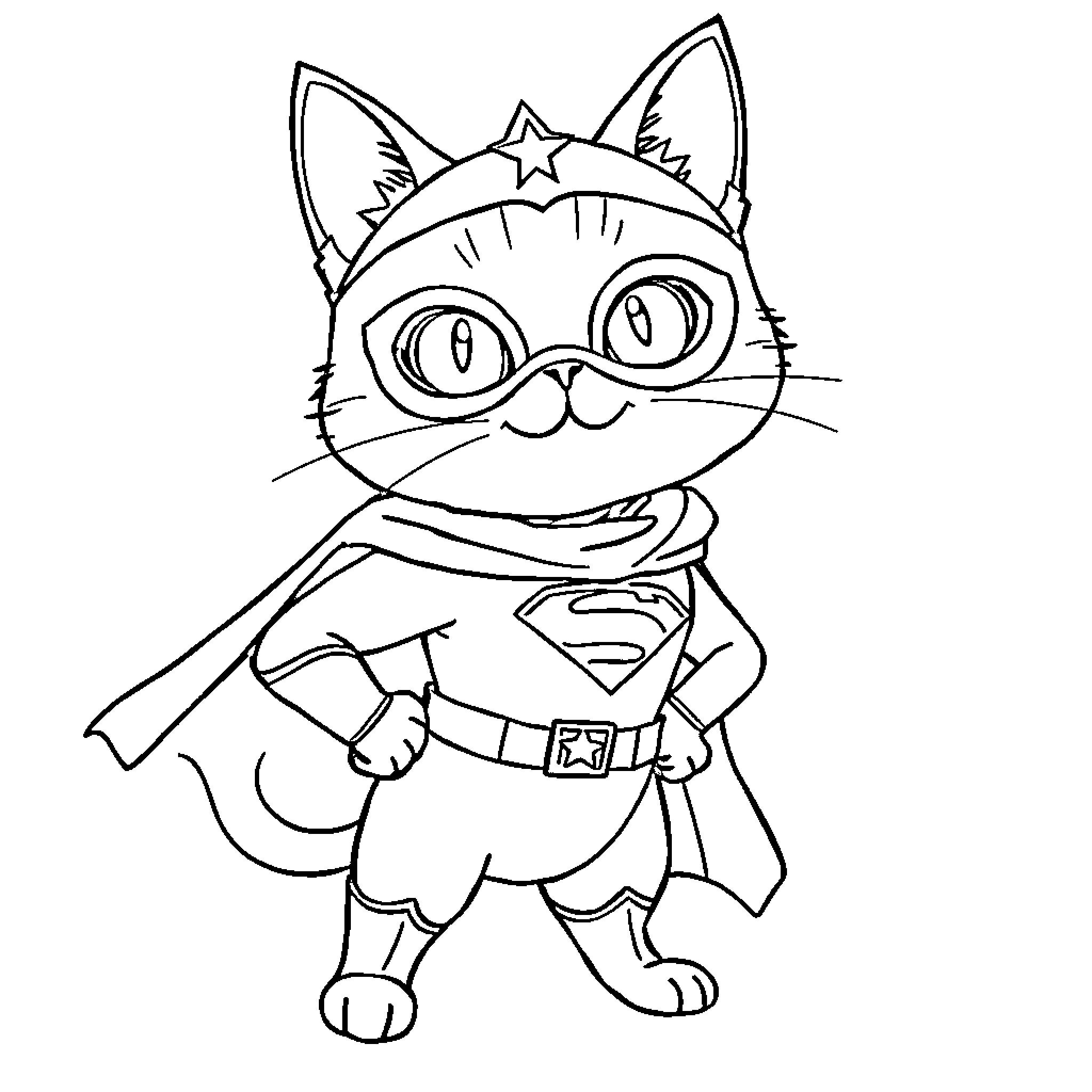 Cat superhero in costume with accessories Coloring Page (free black-and-white line drawing printable PDF for all, from beginners to advanced learners, including children, teens, adults, and seniors)