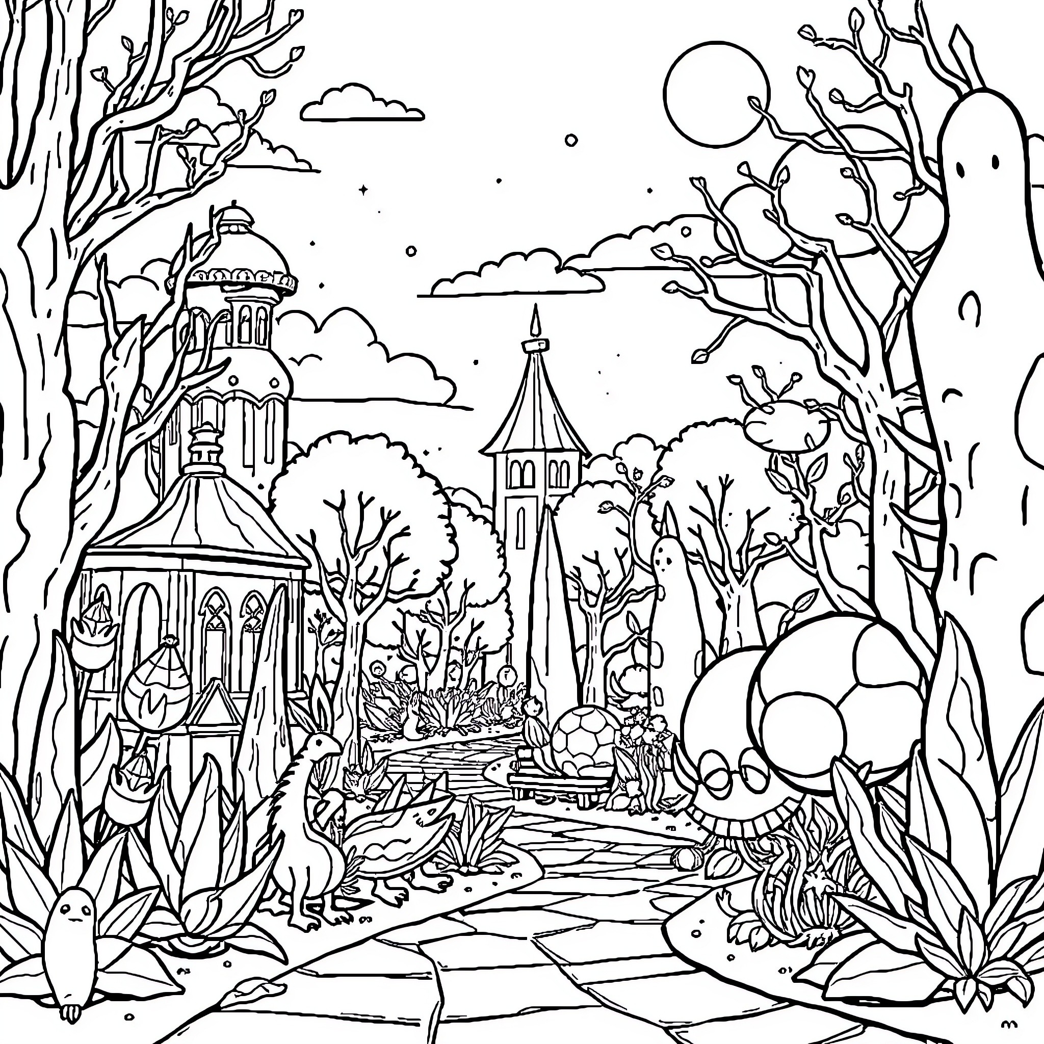 Lingote - Fantastical landscape with whimsical creatures Coloring Page (free black-and-white line drawing printable PDF for all, from beginners to advanced learners, including children, teens, adults, and seniors)
