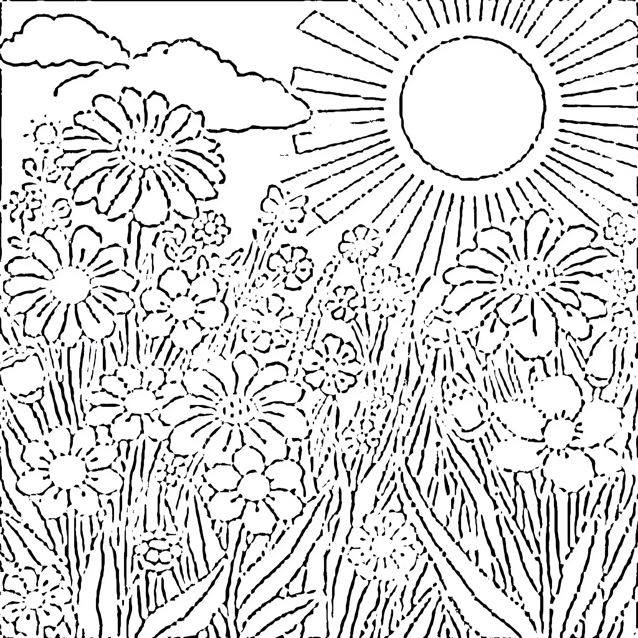 Flower field basking in the sun's radiance Coloring Page (free black-and-white line drawing printable PDF for all, from beginners to advanced learners, including children, teens, adults, and seniors)