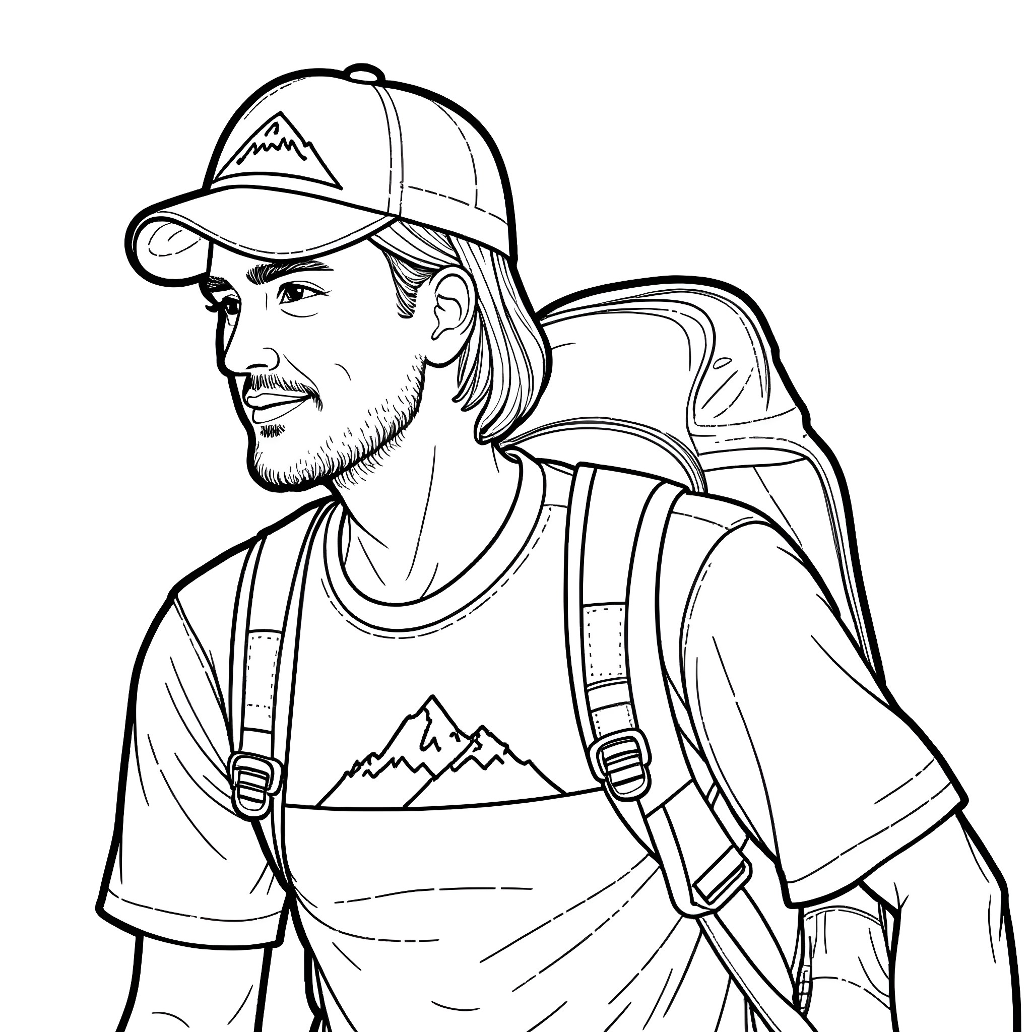Employee Hiking with Backpack and Mountain Graphic Coloring Page (free black-and-white line drawing printable PDF for all, from beginners to advanced learners, including children, teens, adults, and seniors)