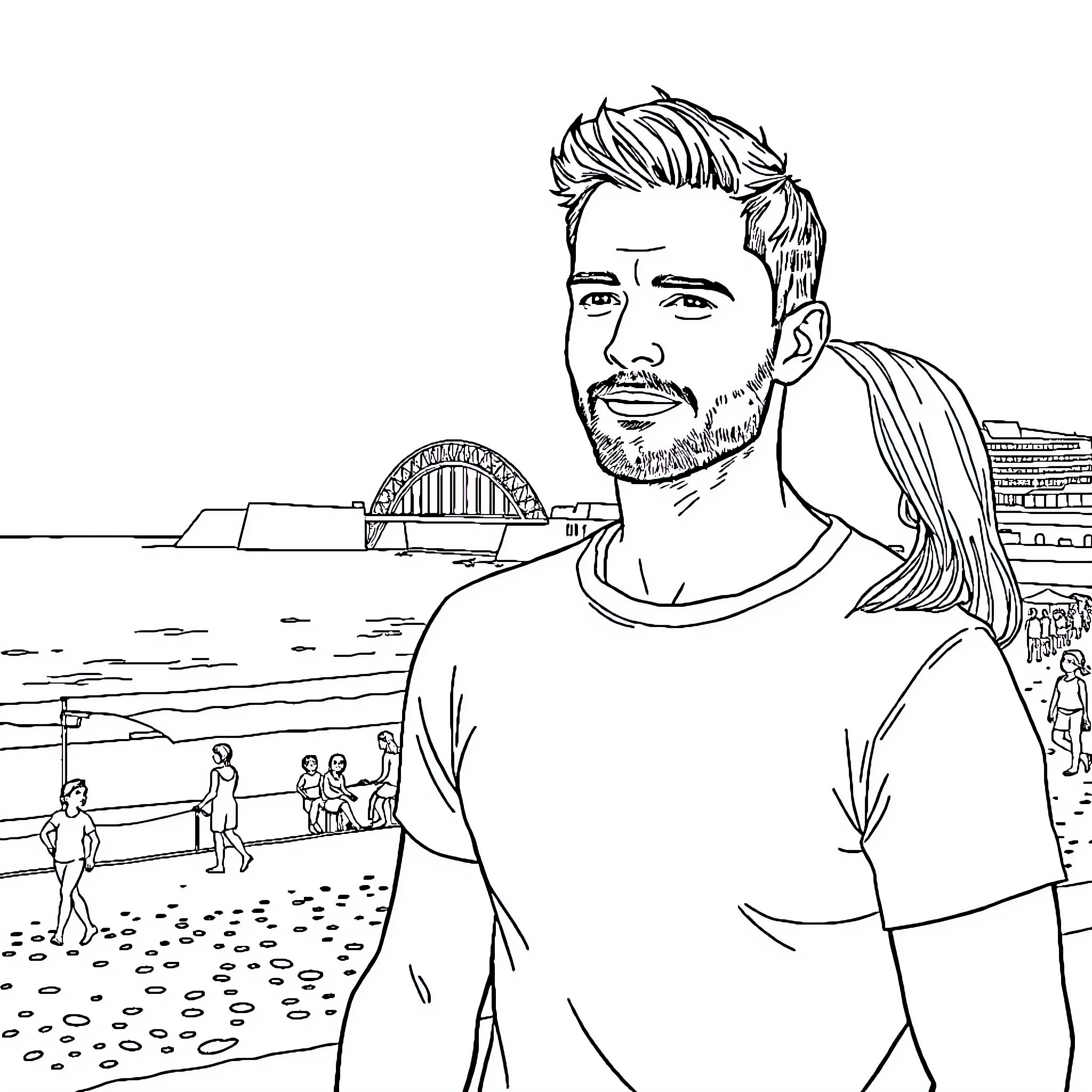 Man and Woman on the Beach Coloring Page (free black-and-white line drawing printable PDF for all, from beginners to advanced learners, including children, teens, adults, and seniors)