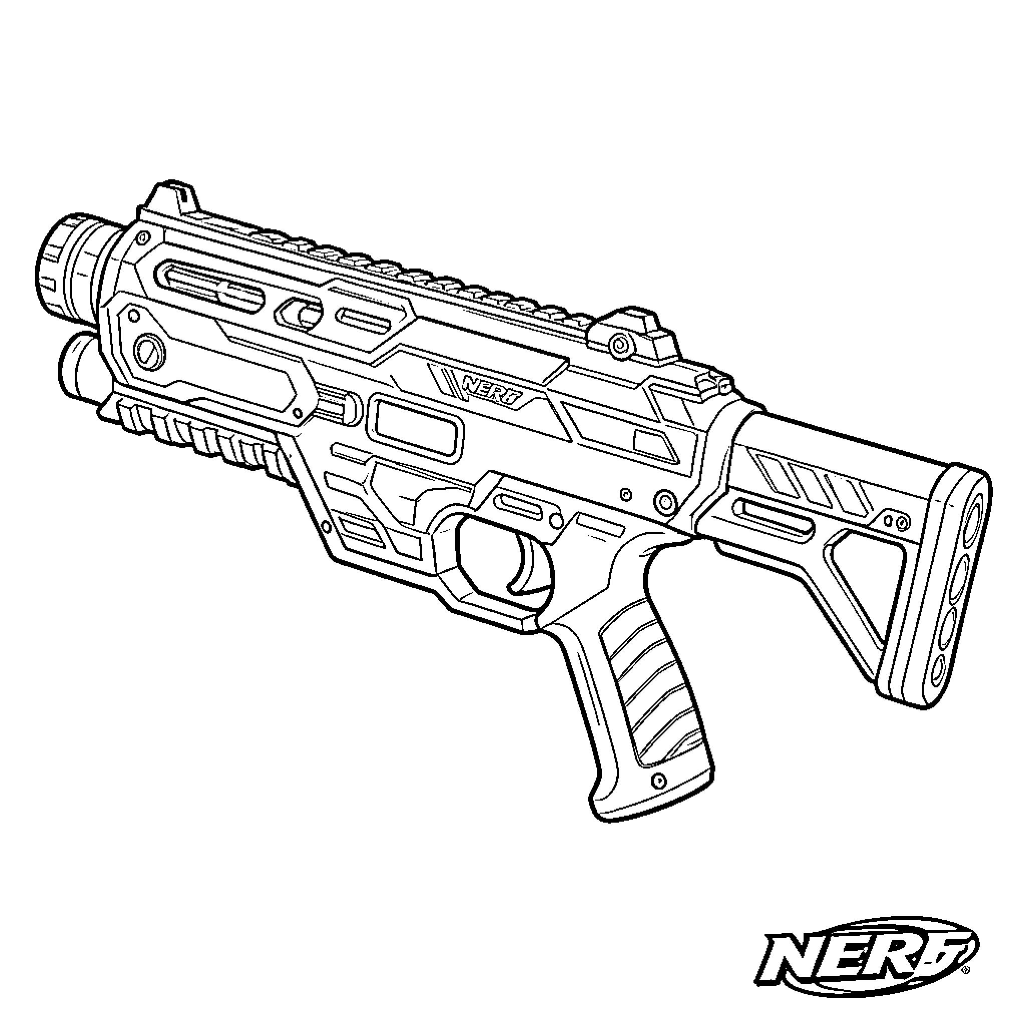 Nerf Gun positioned at a dynamic angle Coloring Page (free black-and-white line drawing printable PDF for all, from beginners to advanced learners, including children, teens, adults, and seniors)
