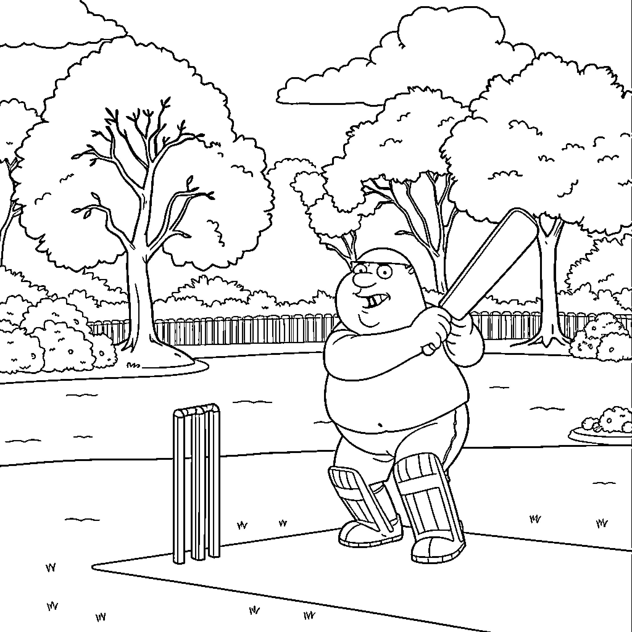 Peter Griffin playing cricket in a park Coloring Page (free black-and-white line drawing printable PDF for all, from beginners to advanced learners, including children, teens, adults, and seniors)