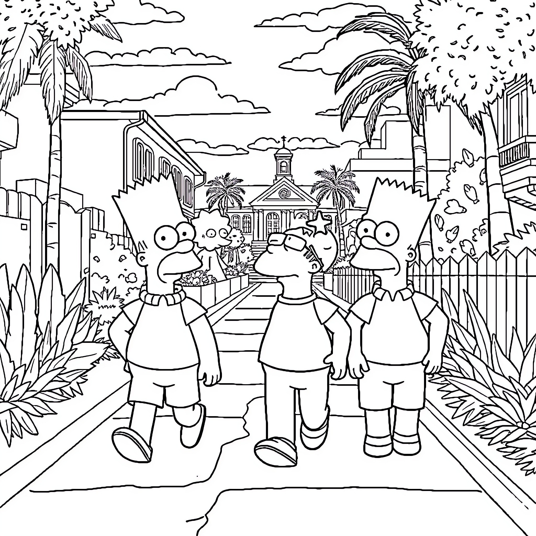Simpsons characters exploring tropical town Coloring Page (free black-and-white line drawing printable PDF for all, from beginners to advanced learners, including children, teens, adults, and seniors)