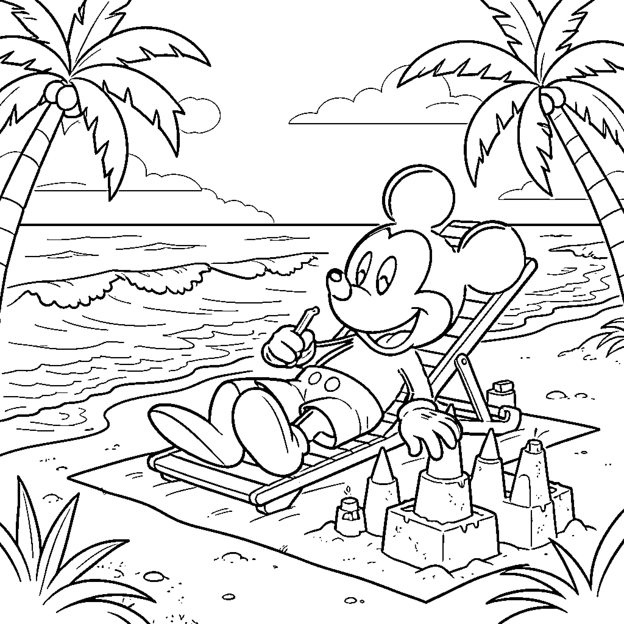 Mickey relaxing in a lounge chair at the beach Coloring Page (free black-and-white line drawing printable PDF for all, from beginners to advanced learners, including children, teens, adults, and seniors)