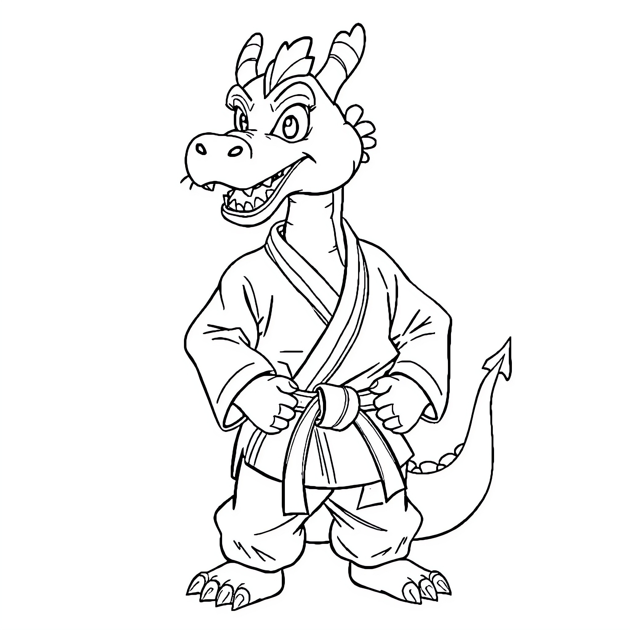 Dragon in Martial Arts Uniform Striking Pose Coloring Page (free black-and-white line drawing printable PDF for all, from beginners to advanced learners, including children, teens, adults, and seniors)