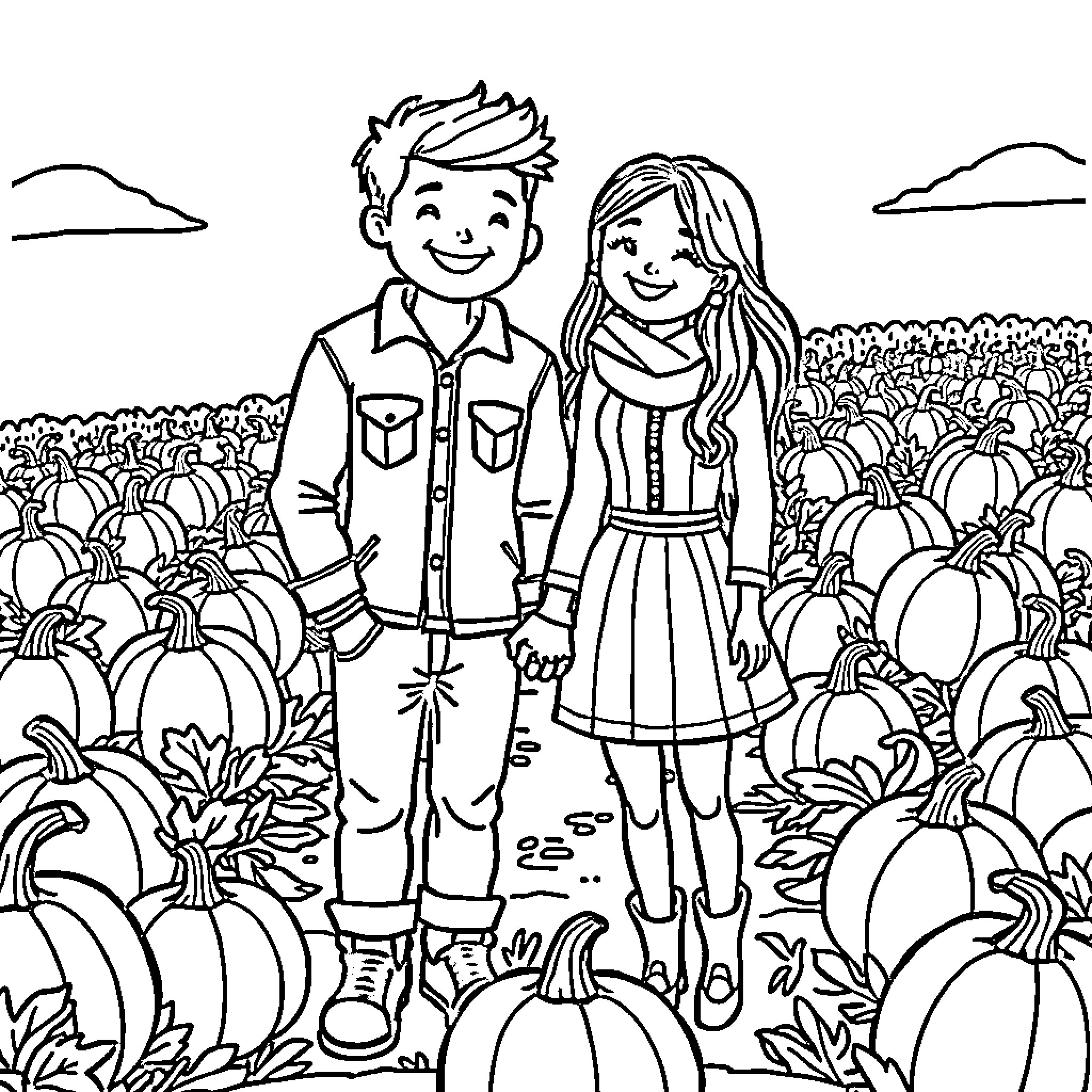 Couple exploring pumpkin patch in autumn Coloring Page (free black-and-white line drawing printable PDF for all, from beginners to advanced learners, including children, teens, adults, and seniors)