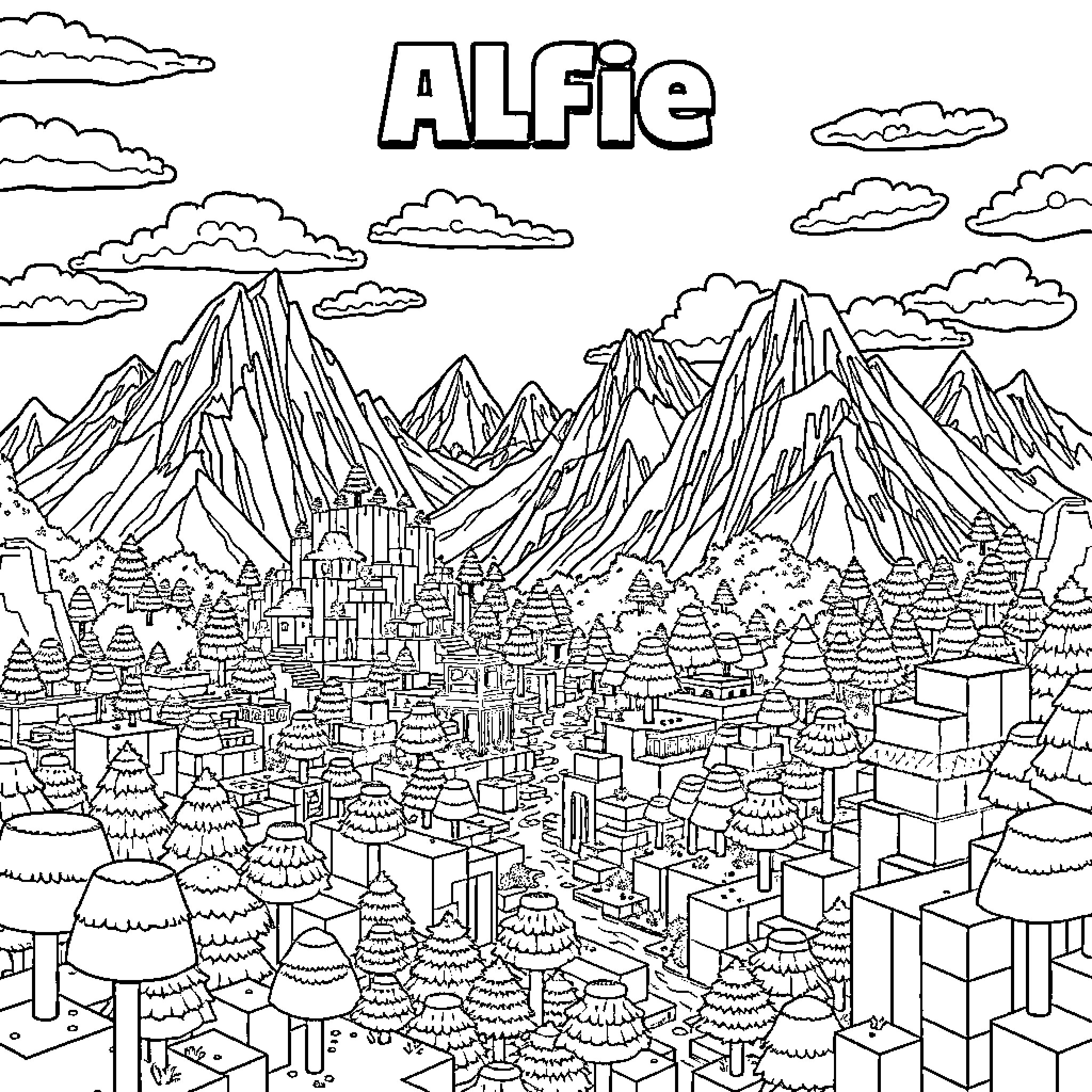 Minecraft Cityscape with Towering Mountains Coloring Page (free black-and-white line drawing printable PDF for all, from beginners to advanced learners, including children, teens, adults, and seniors)