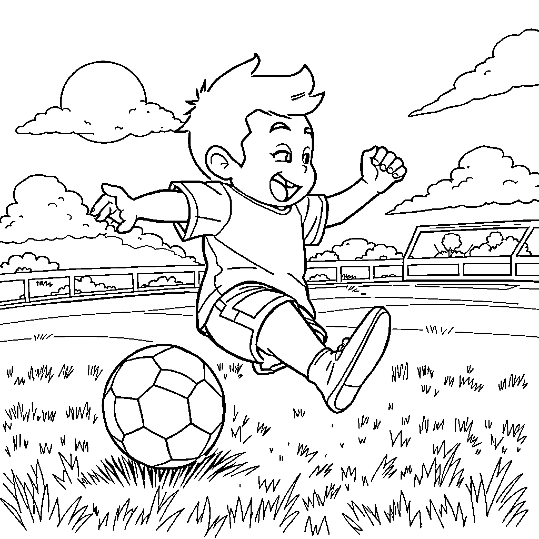 Jinbe playing joyfully with a soccer ball on the field Coloring Page (free black-and-white line drawing printable PDF for all, from beginners to advanced learners, including children, teens, adults, and seniors)