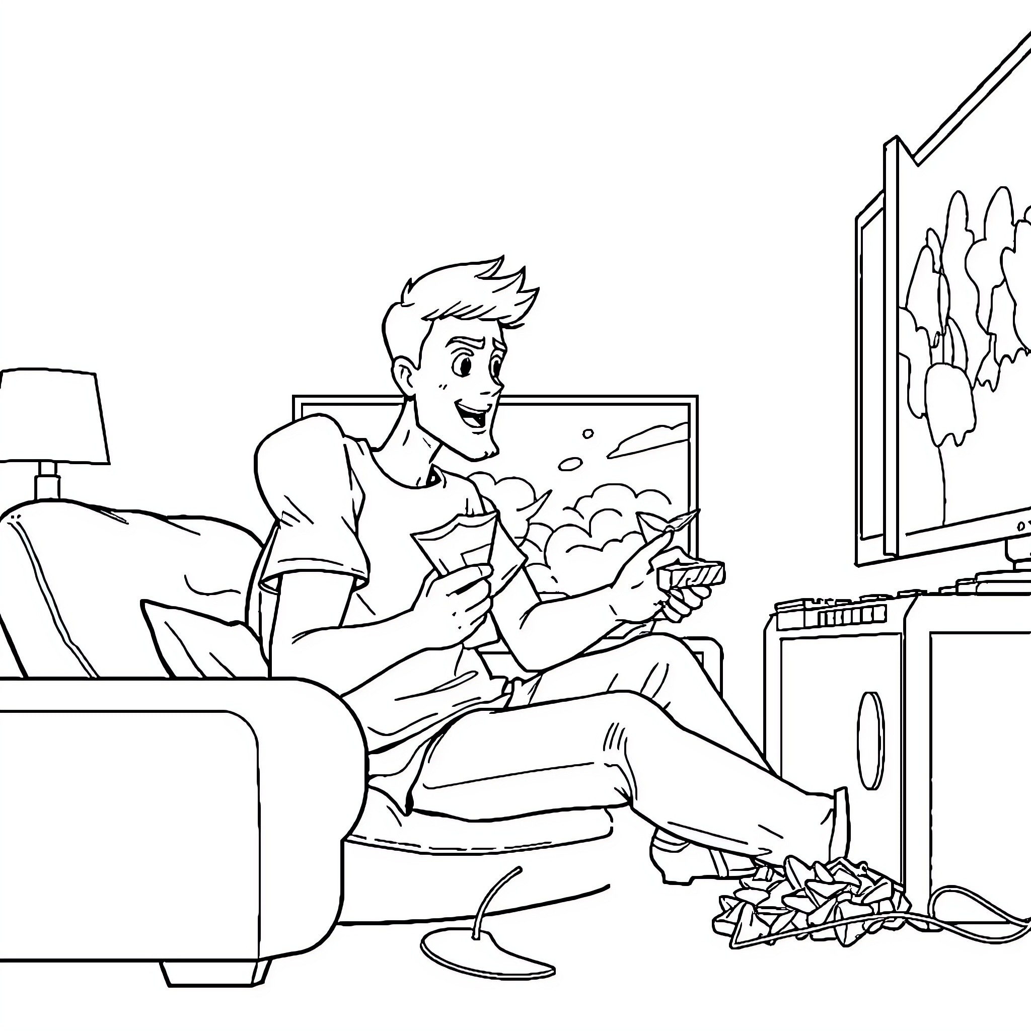 Guy playing video games on the couch Coloring Page (free black-and-white line drawing printable PDF for all, from beginners to advanced learners, including children, teens, adults, and seniors)