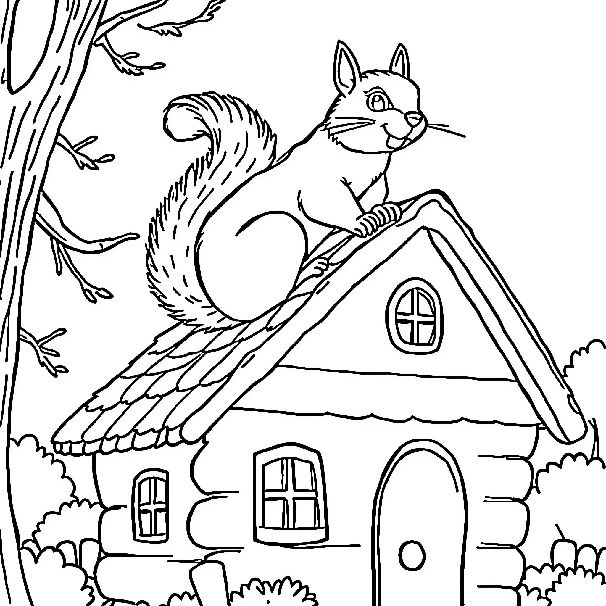 Squirrel exploring a cozy cottage in the woods Coloring Page (free black-and-white line drawing printable PDF for all, from beginners to advanced learners, including children, teens, adults, and seniors)