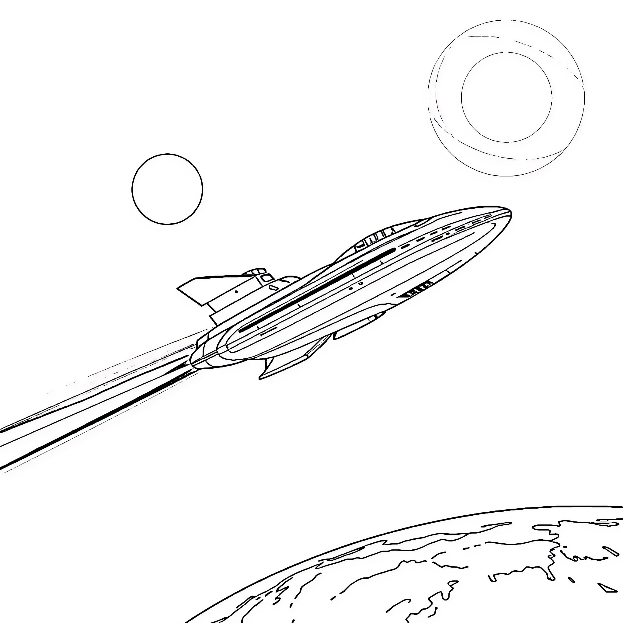USS Voyager Spacecraft Navigating through Space Coloring Page (free black-and-white line drawing printable PDF for all, from beginners to advanced learners, including children, teens, adults, and seniors)