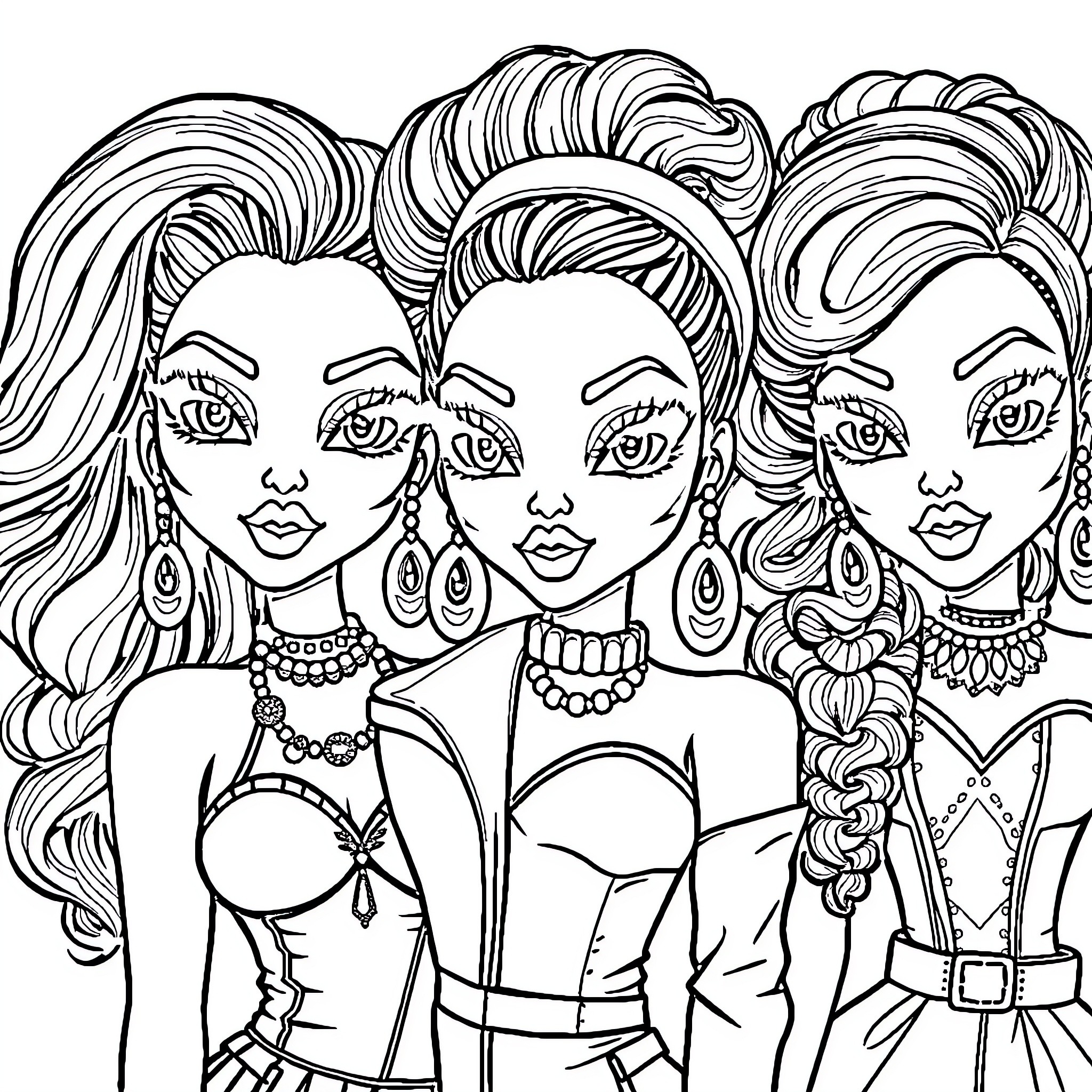 Women posing in stylish and ornate outfits Coloring Page (free black-and-white line drawing printable PDF for all, from beginners to advanced learners, including children, teens, adults, and seniors)