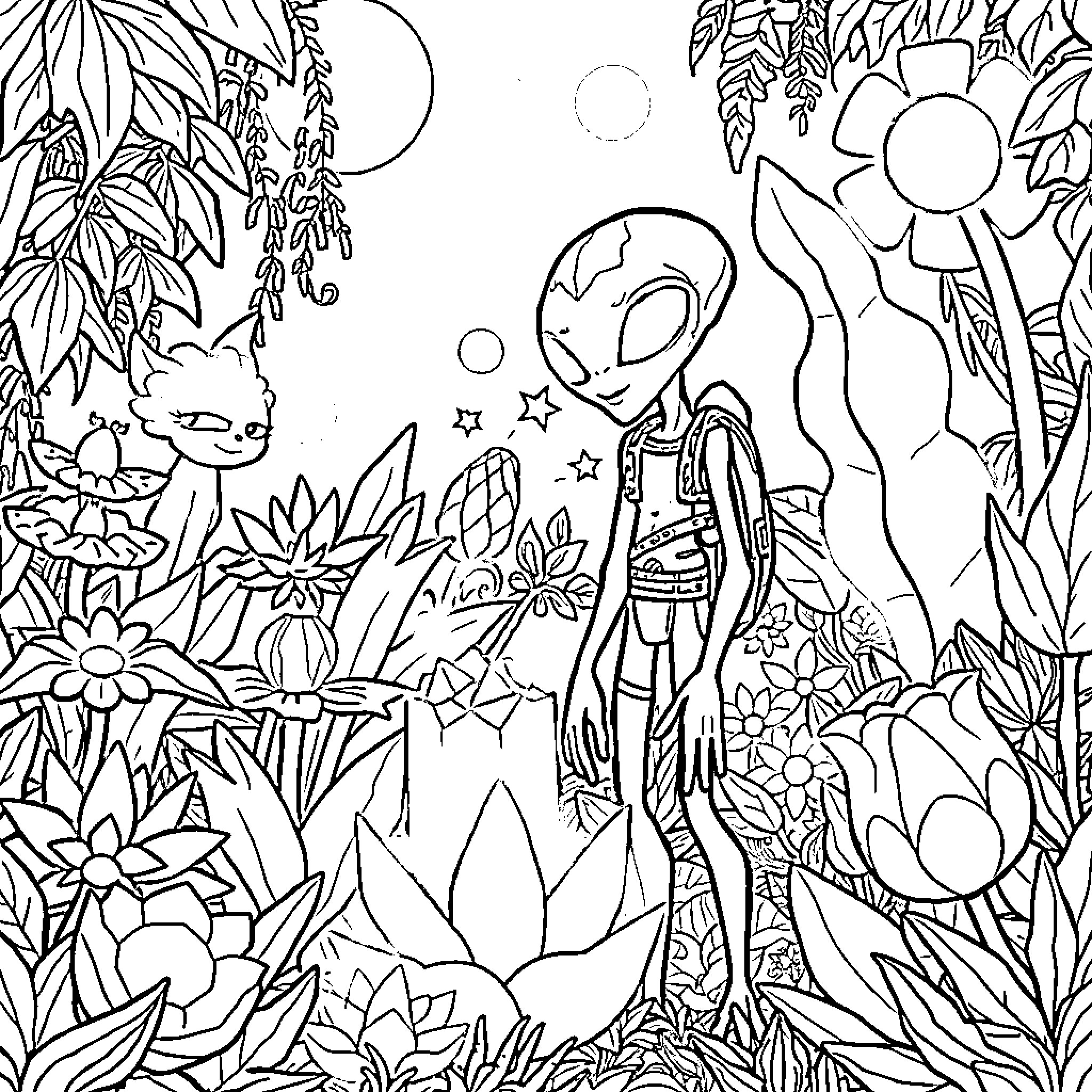 Alien exploring a mystical floral landscape Coloring Page (free black-and-white line drawing printable PDF for all, from beginners to advanced learners, including children, teens, adults, and seniors)