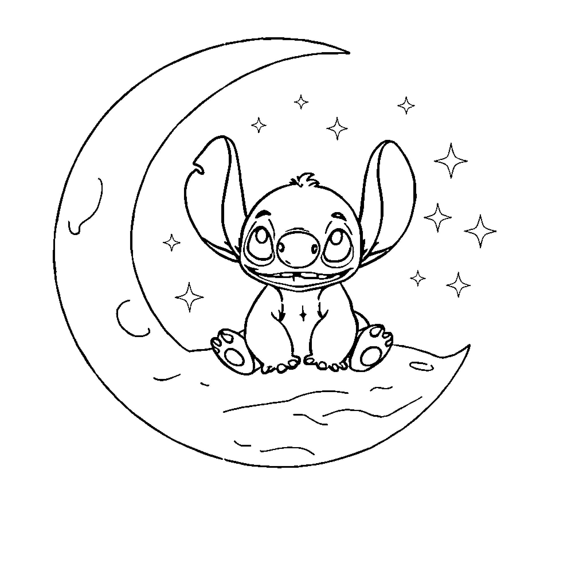 Stitch sitting on a crescent moon with stars Coloring Page (free black-and-white line drawing printable PDF for all, from beginners to advanced learners, including children, teens, adults, and seniors)