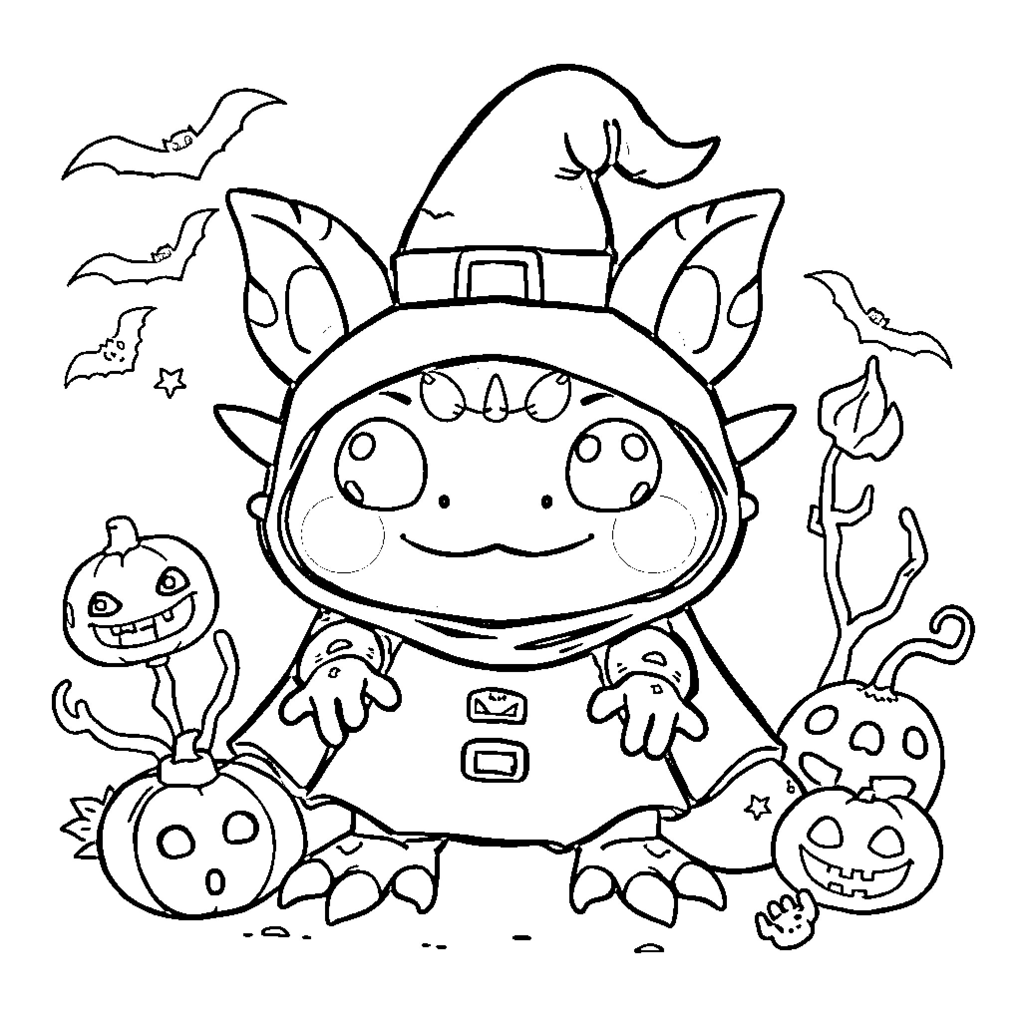 Axolotl in Halloween costume surrounded by spooky creatures Coloring Page (free black-and-white line drawing printable PDF for all, from beginners to advanced learners, including children, teens, adults, and seniors)