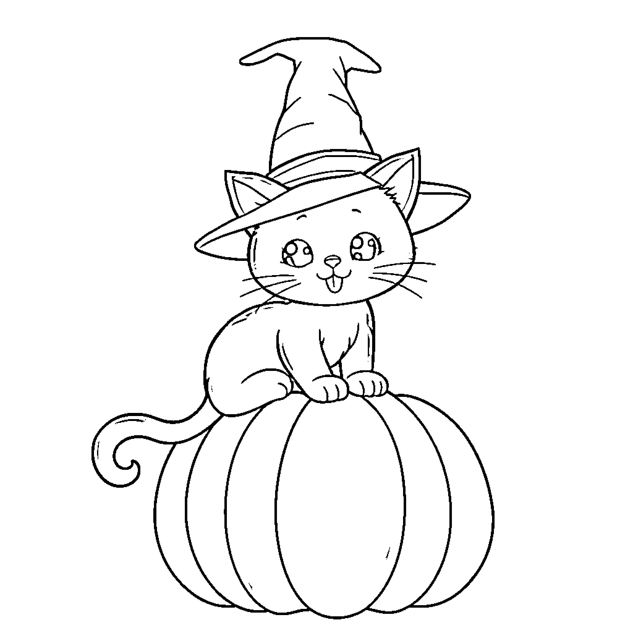 Cat wearing witch hat on pumpkin Coloring Page (free black-and-white line drawing printable PDF for all, from beginners to advanced learners, including children, teens, adults, and seniors)