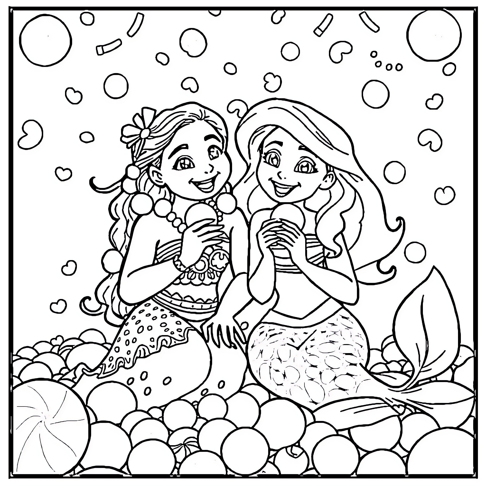 Moana and Ariel Mermaid Friends Underwater Adventure Coloring Page (free black-and-white line drawing printable PDF for all, from beginners to advanced learners, including children, teens, adults, and seniors)