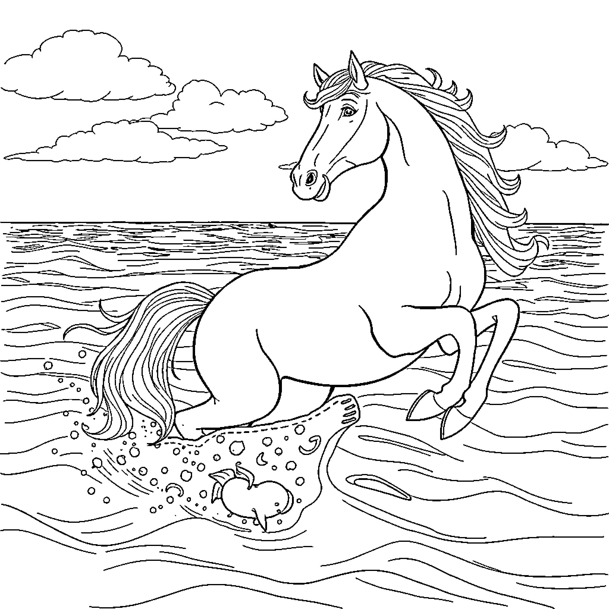 Horse running gracefully through the waves Coloring Page (free black-and-white line drawing printable PDF for all, from beginners to advanced learners, including children, teens, adults, and seniors)