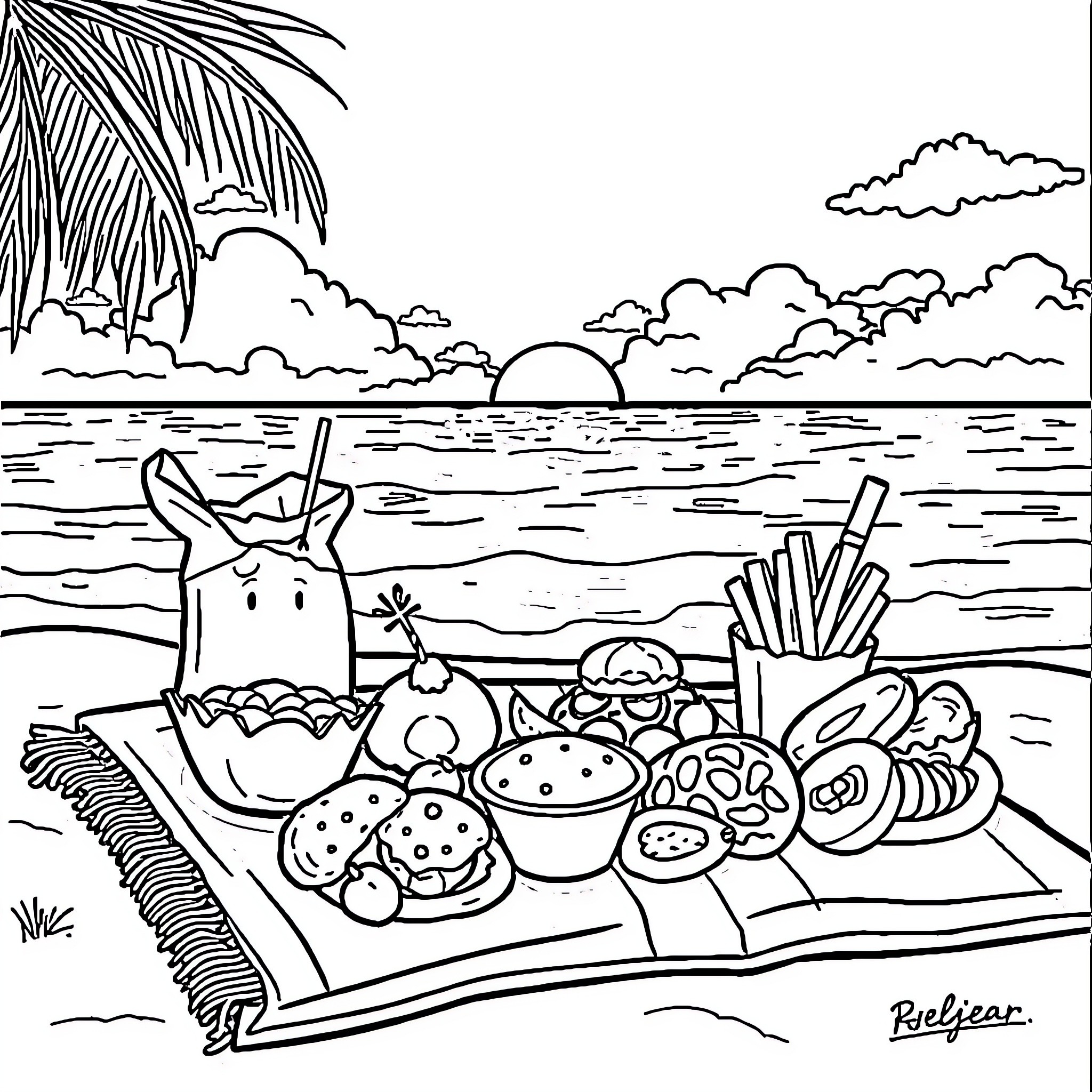 Food Spread on Picnic Blanket in Beach Scenery Coloring Page (free black-and-white line drawing printable PDF for all, from beginners to advanced learners, including children, teens, adults, and seniors)