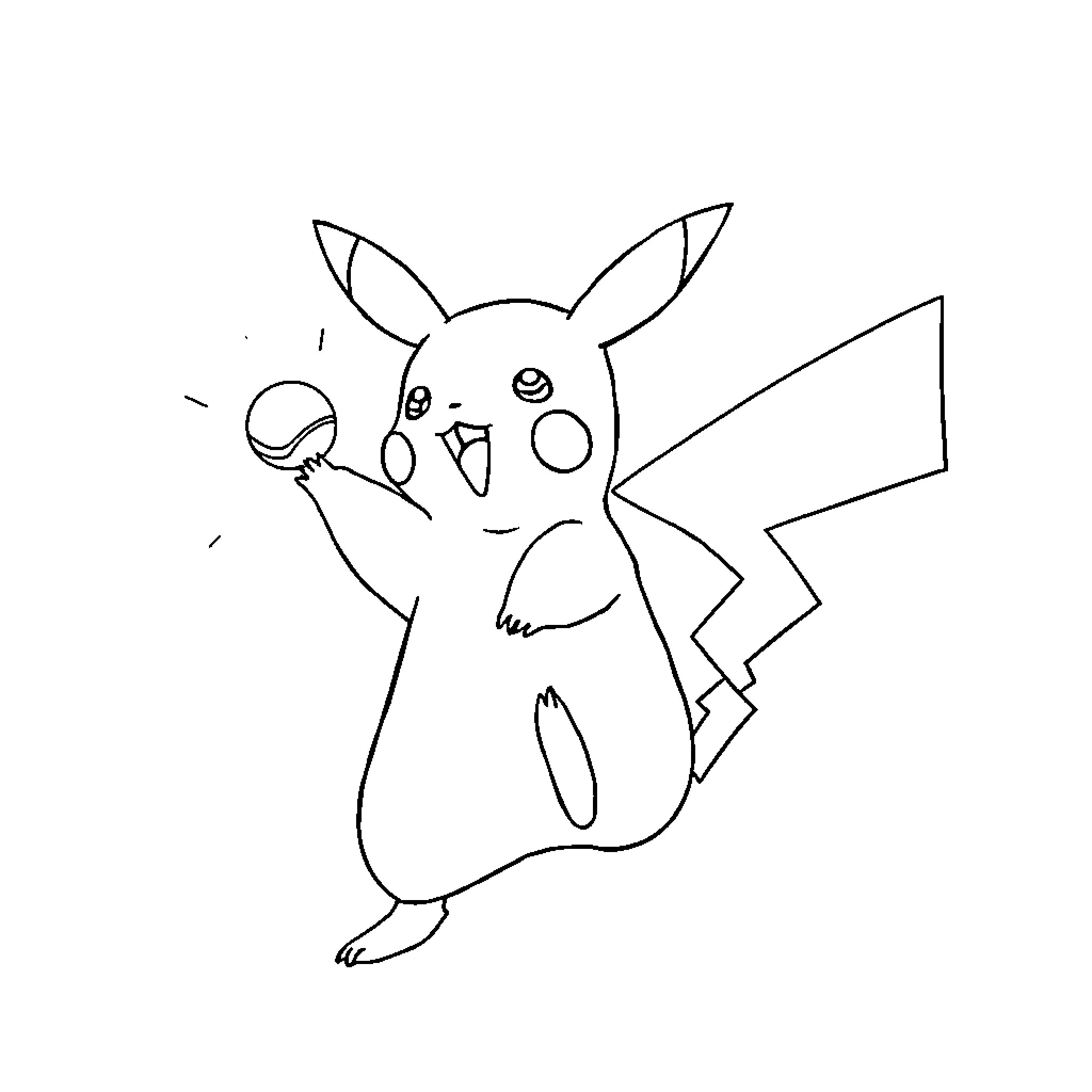Pikachu playing with a Pokeball Coloring Page (free black-and-white line drawing printable PDF for all, from beginners to advanced learners, including children, teens, adults, and seniors)