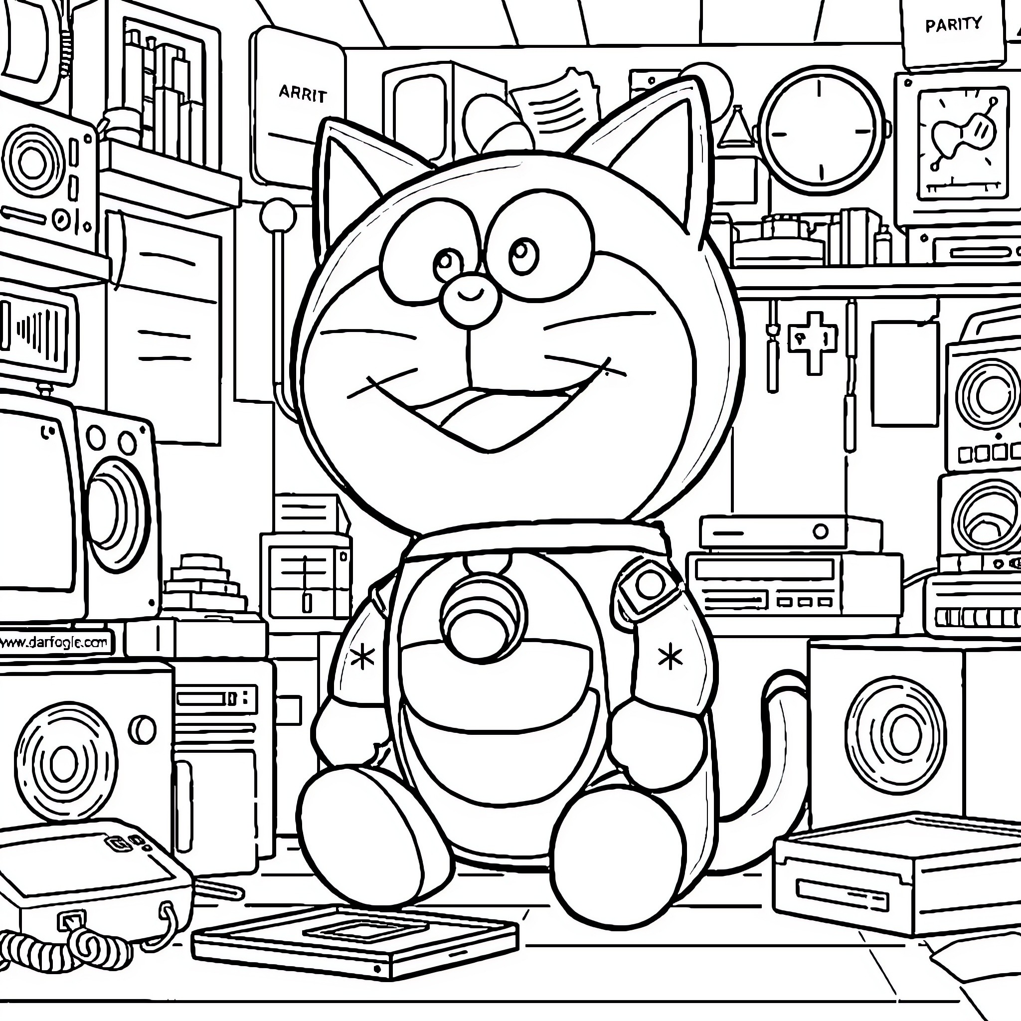 Doraemon exploring a high-tech room Coloring Page (free black-and-white line drawing printable PDF for all, from beginners to advanced learners, including children, teens, adults, and seniors)