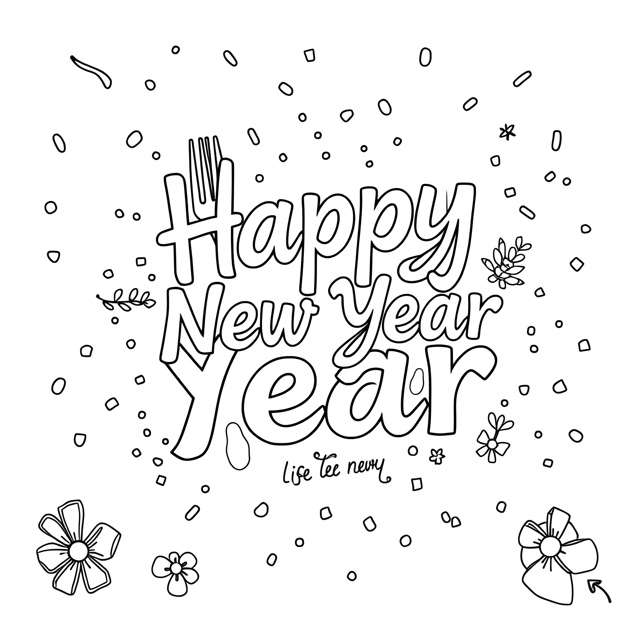 Card with 'Happy New Year' text and decorations Coloring Page (free black-and-white line drawing printable PDF for all, from beginners to advanced learners, including children, teens, adults, and seniors)