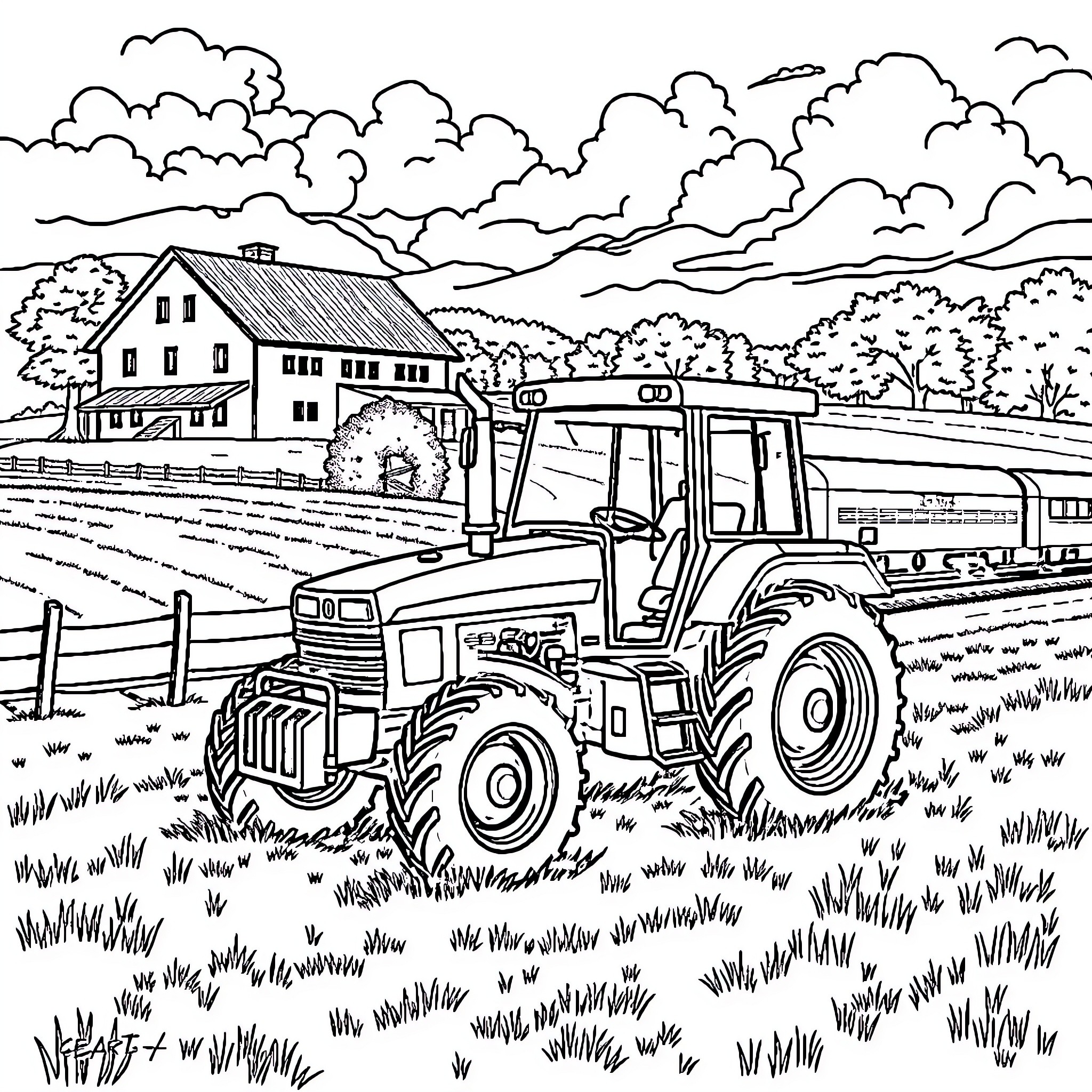 Tractor plowing through scenic farmland Coloring Page (free black-and-white line drawing printable PDF for all, from beginners to advanced learners, including children, teens, adults, and seniors)