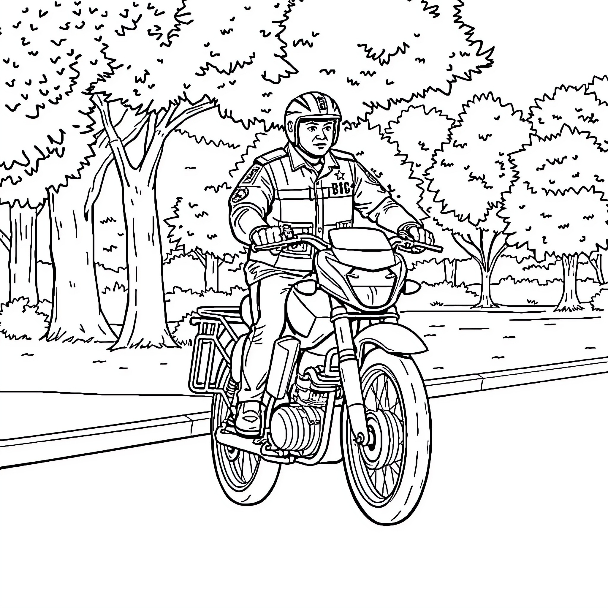 Rider speeding through a forest on a motorcycle Coloring Page (free black-and-white line drawing printable PDF for all, from beginners to advanced learners, including children, teens, adults, and seniors)