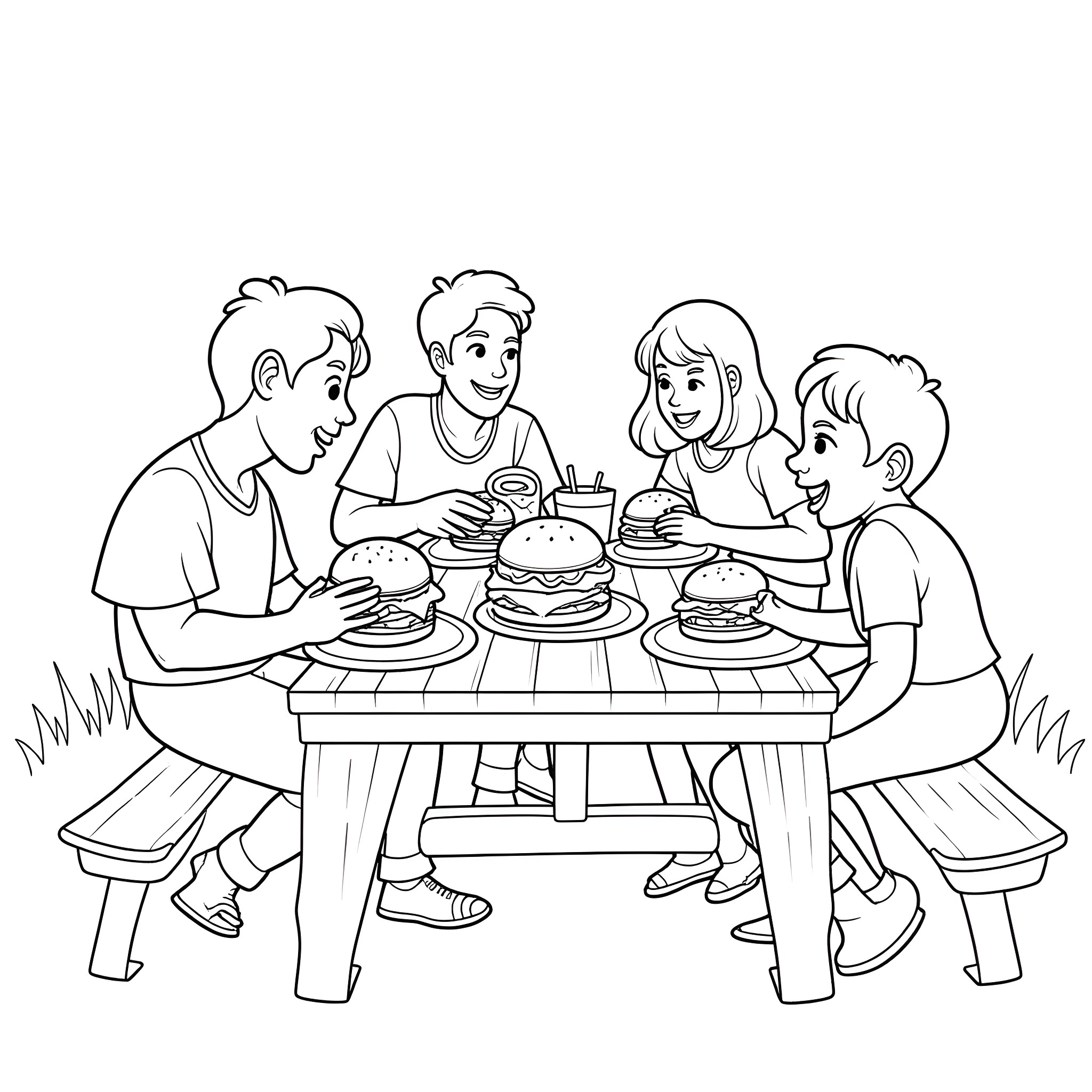 Hamburger family enjoying a meal together Coloring Page (free black-and-white line drawing printable PDF for all, from beginners to advanced learners, including children, teens, adults, and seniors)