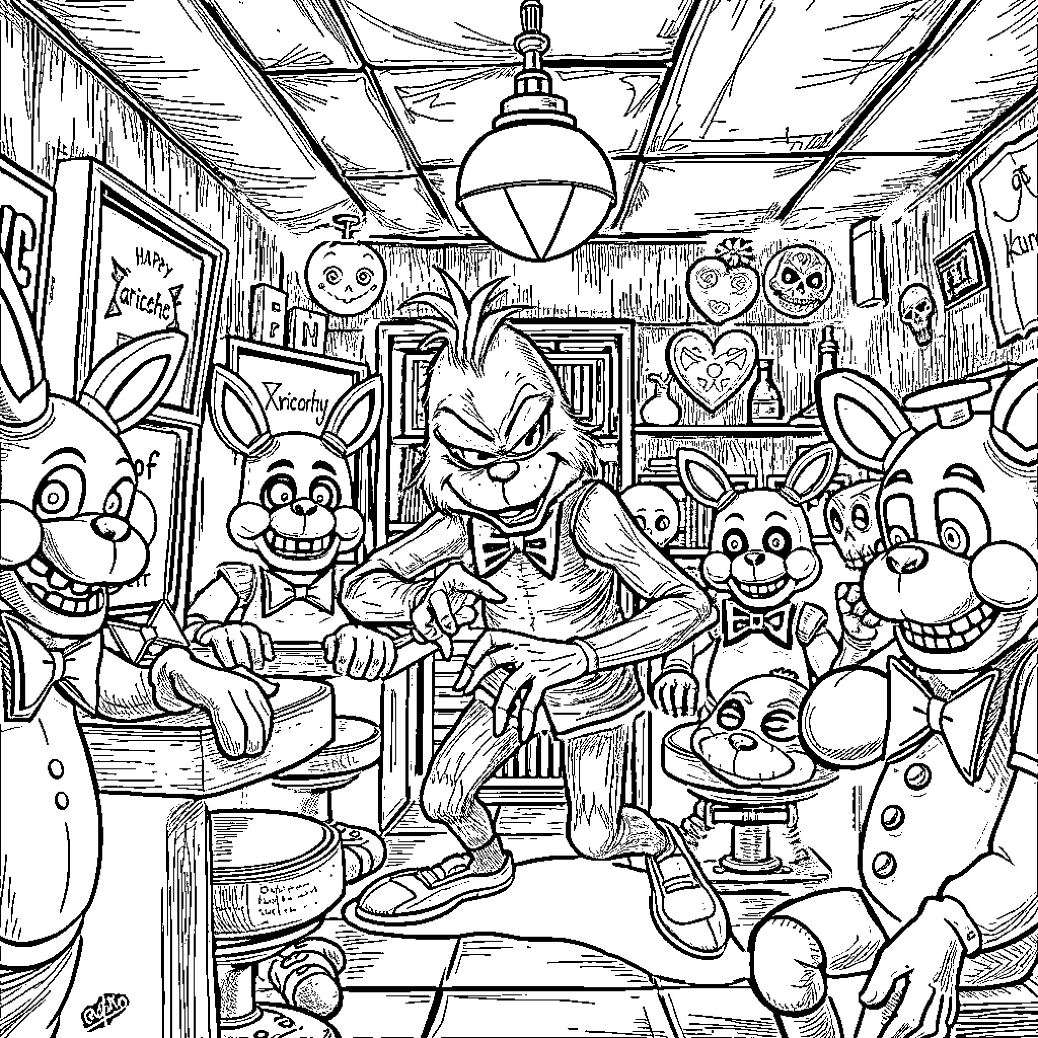Grinch Plotting Mischief Amidst Animated Characters Coloring Page (free black-and-white line drawing printable PDF for all, from beginners to advanced learners, including children, teens, adults, and seniors)