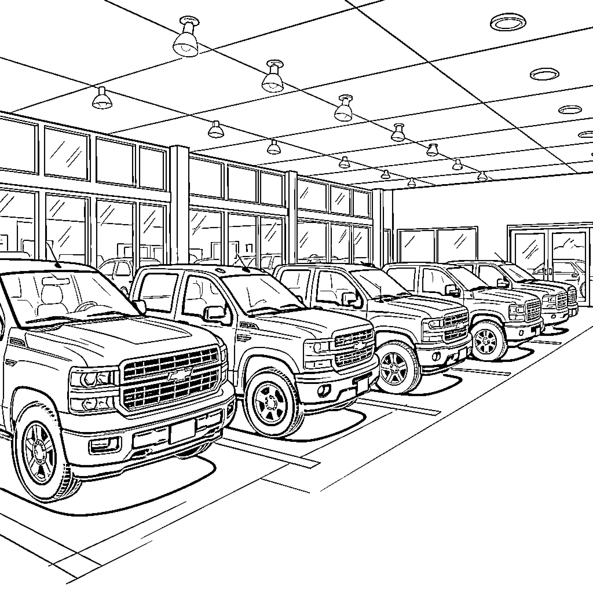 Chevy Truck lineup displayed inside a bright showroom Coloring Page (free black-and-white line drawing printable PDF for all, from beginners to advanced learners, including children, teens, adults, and seniors)
