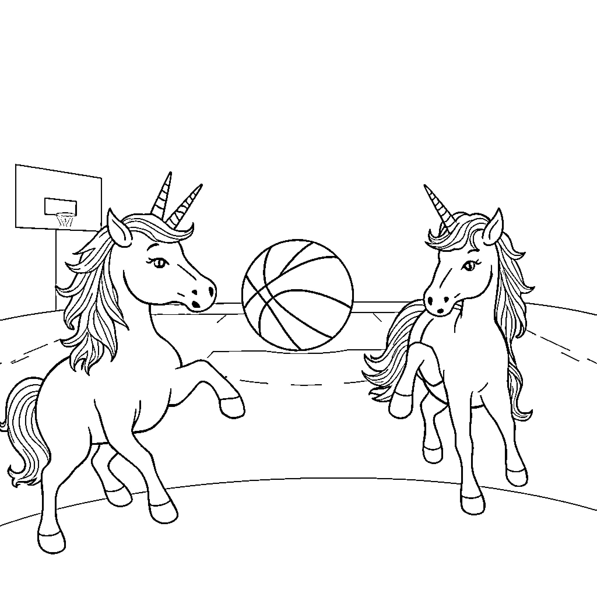 Unicorn Unicorns Playing Basketball on Court Coloring Page (free black-and-white line drawing printable PDF for all, from beginners to advanced learners, including children, teens, adults, and seniors)