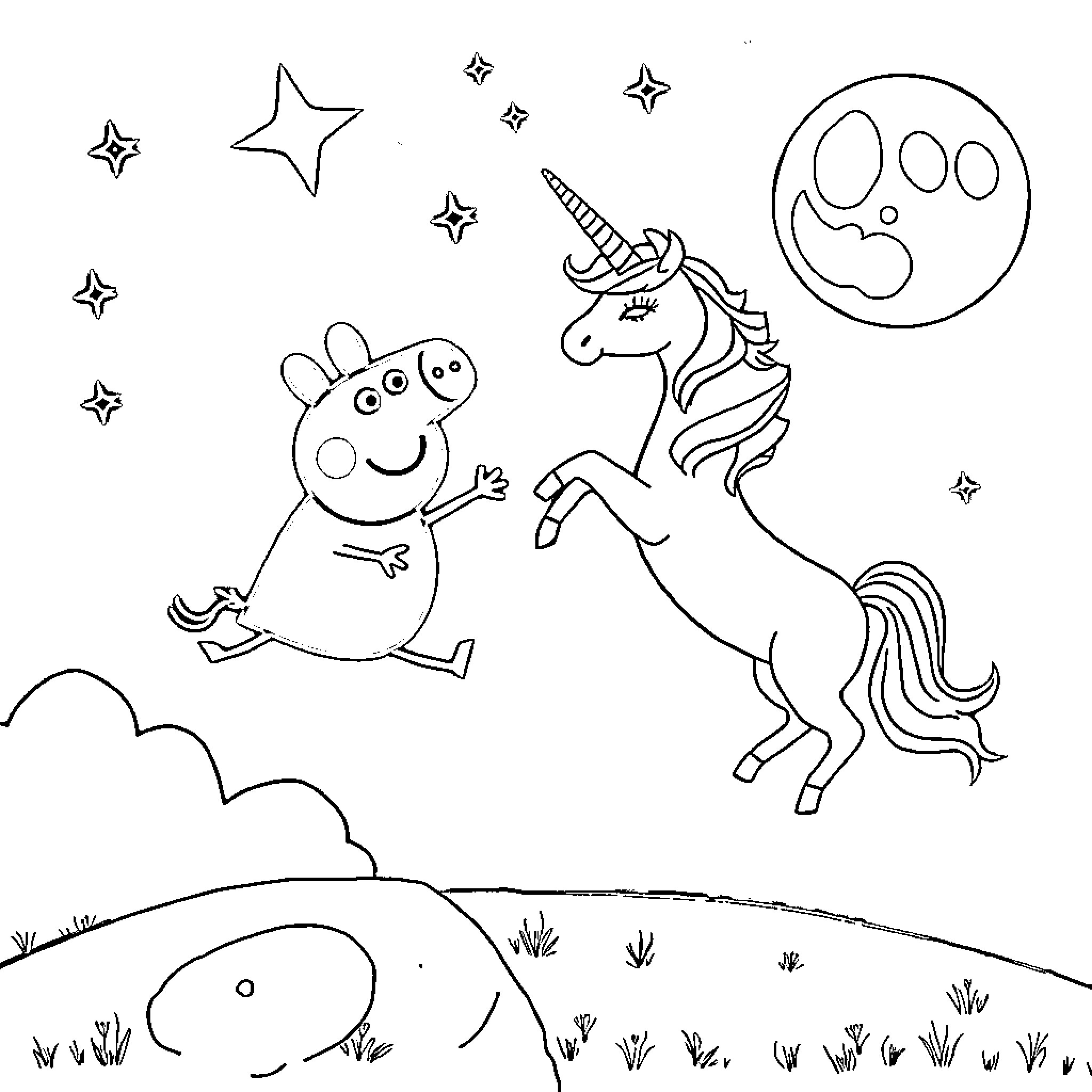 Peppa Pig and Unicorn Happily Playing Under the Stars Coloring Page (free black-and-white line drawing printable PDF for all, from beginners to advanced learners, including children, teens, adults, and seniors)