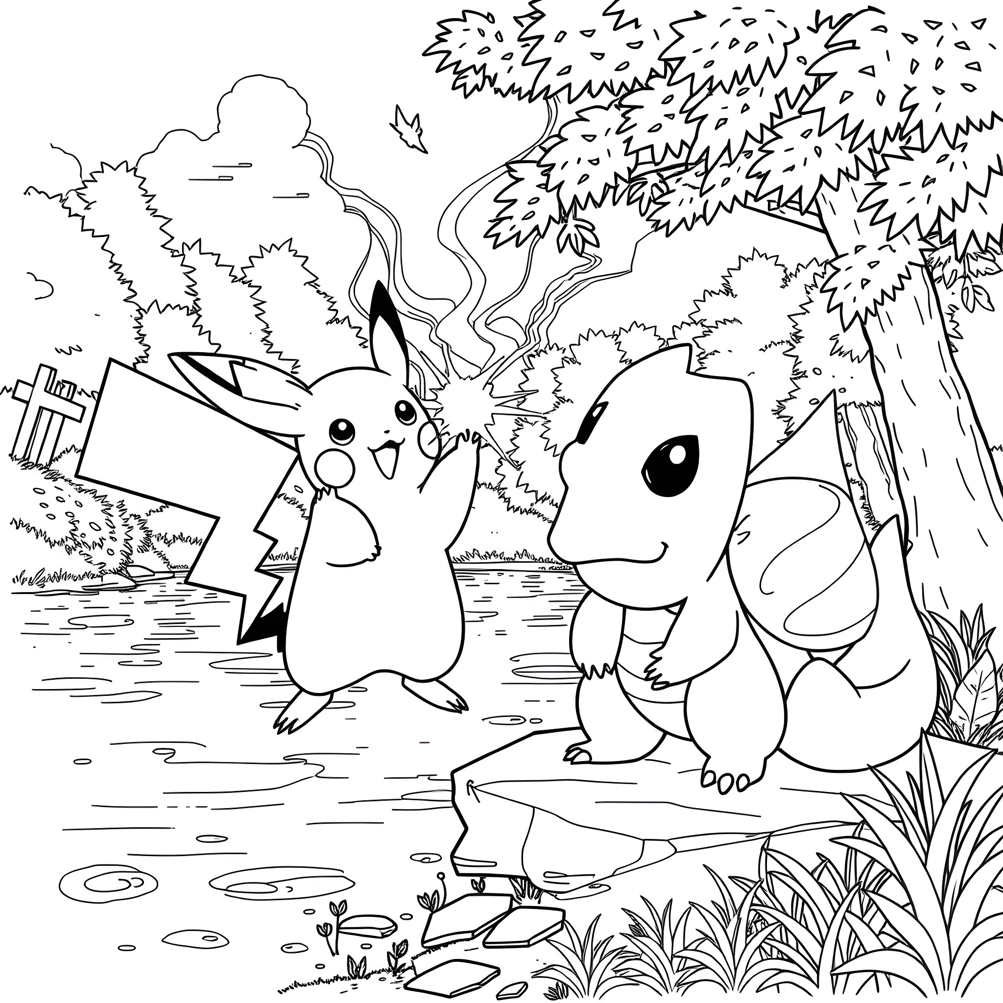 Pikachu and Charmander exploring the forest Coloring Page (free black-and-white line drawing printable PDF for all, from beginners to advanced learners, including children, teens, adults, and seniors)