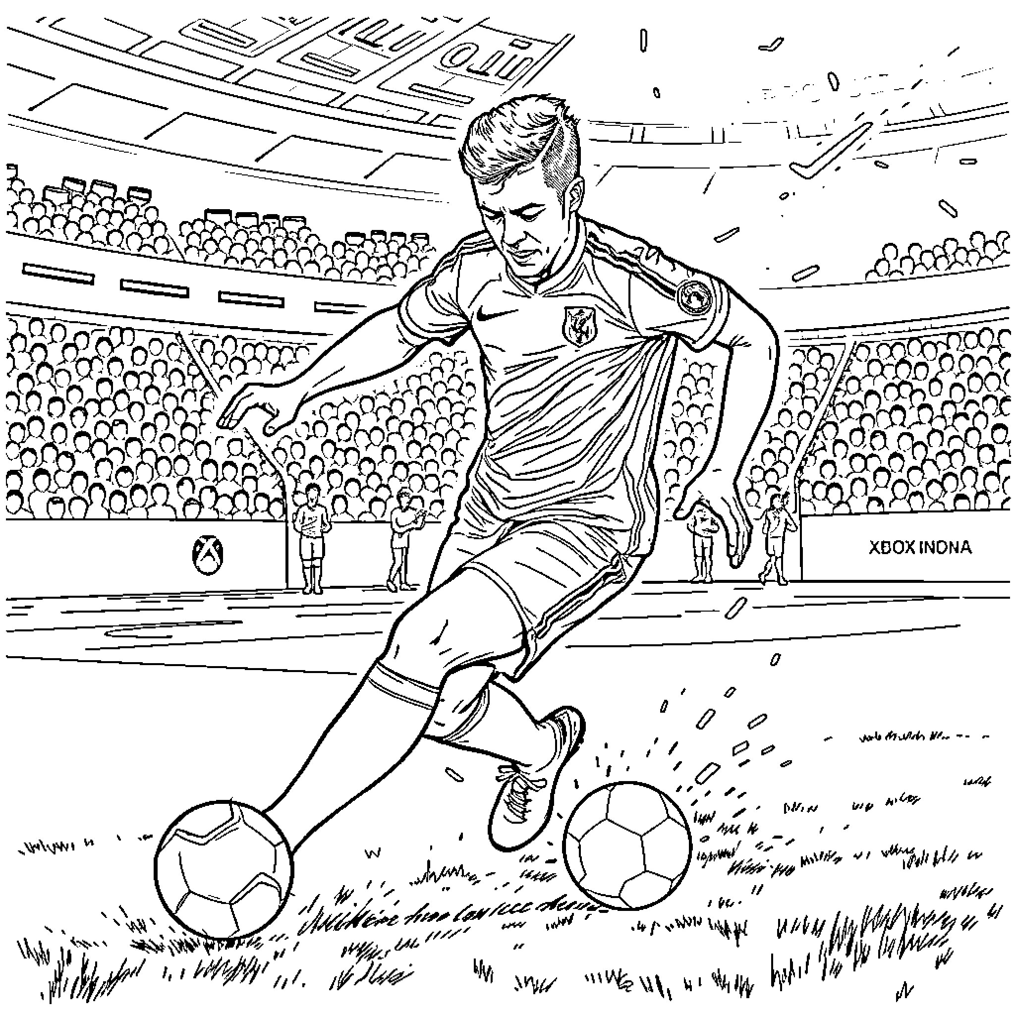 Soccer Player Kicking the Ball on the Field Coloring Page (free black-and-white line drawing printable PDF for all, from beginners to advanced learners, including children, teens, adults, and seniors)