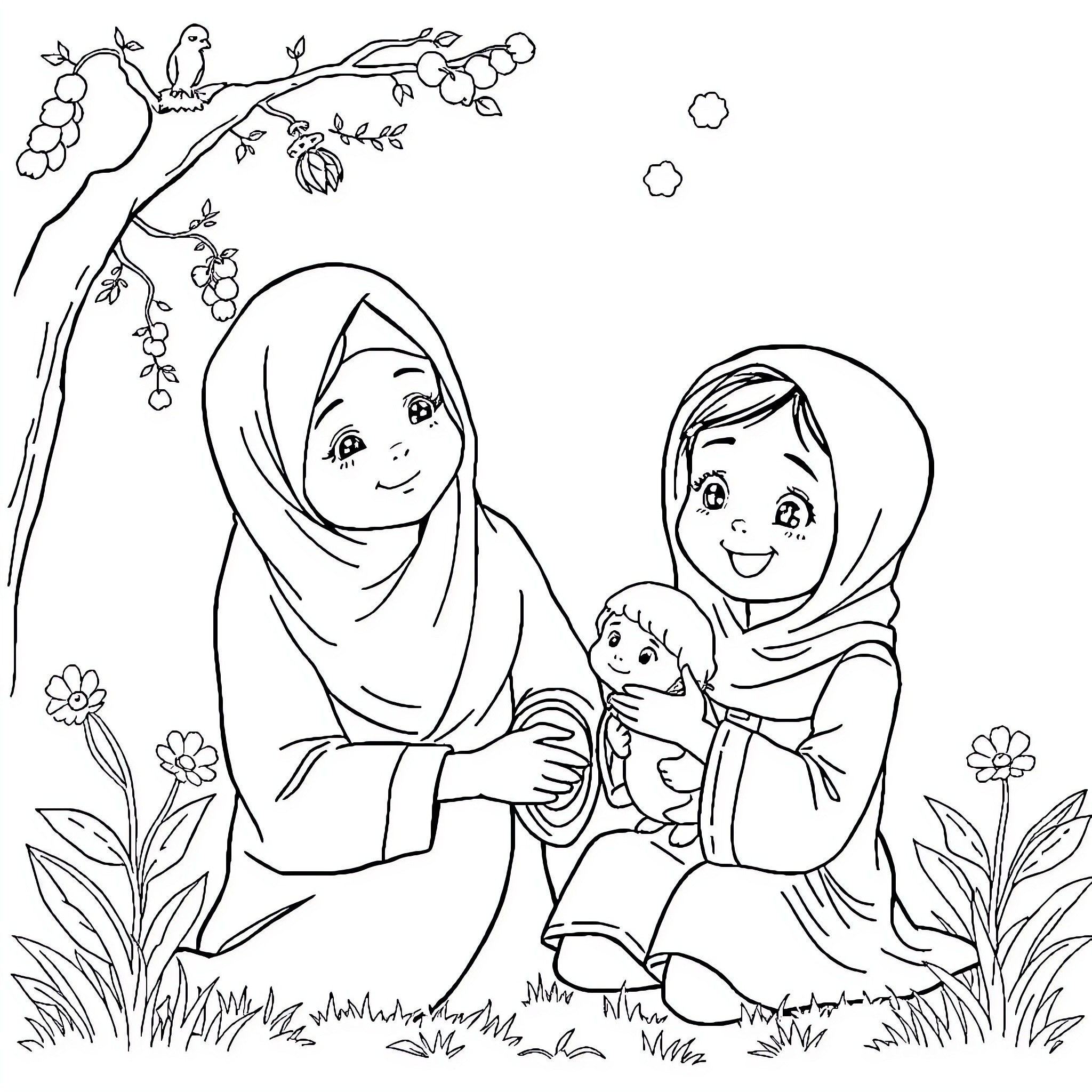Ibu and Children Enjoying Nature Together Coloring Page (free black-and-white line drawing printable PDF for all, from beginners to advanced learners, including children, teens, adults, and seniors)