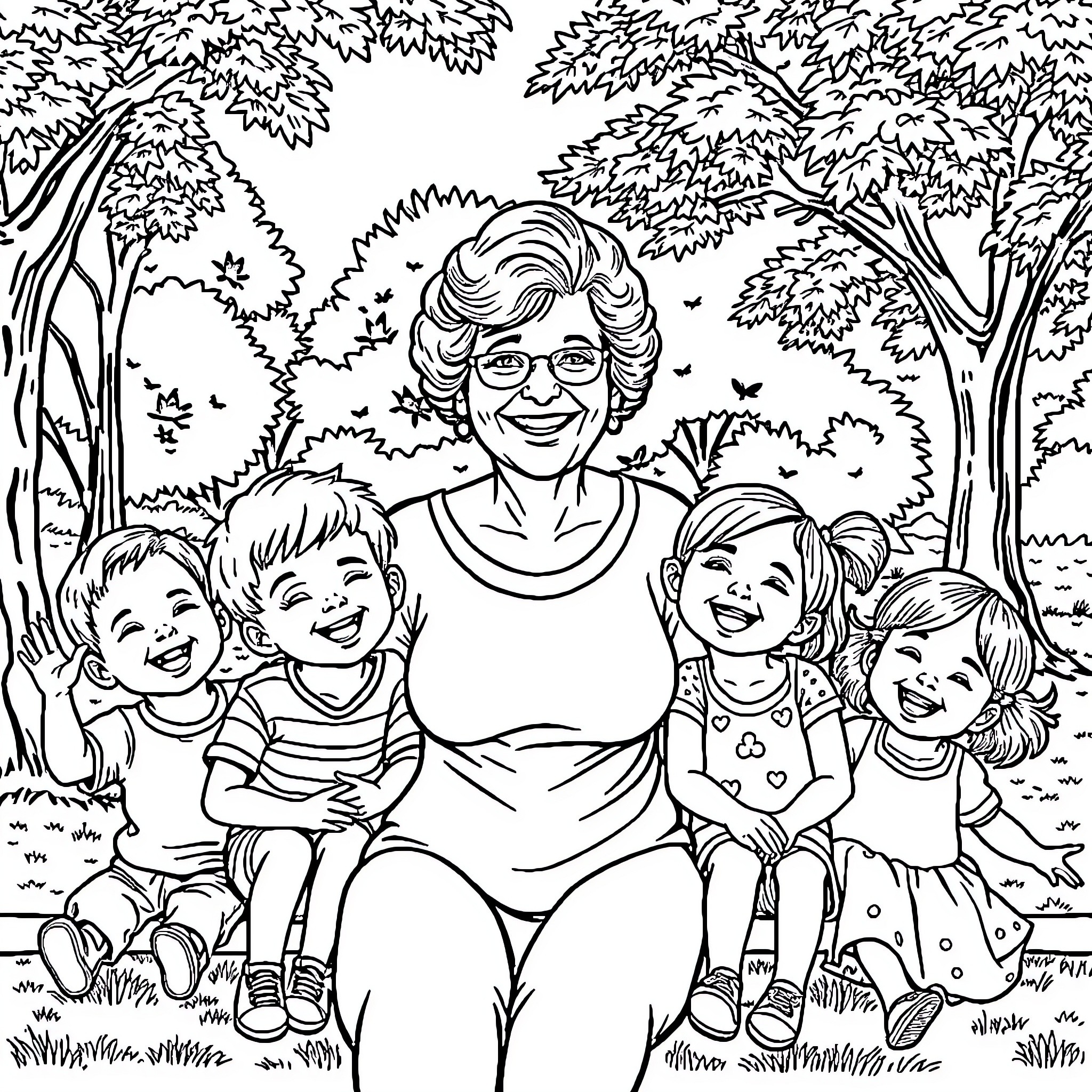 Grandma Enjoying Time with Her Grandchildren in Nature Coloring Page (free black-and-white line drawing printable PDF for all, from beginners to advanced learners, including children, teens, adults, and seniors)