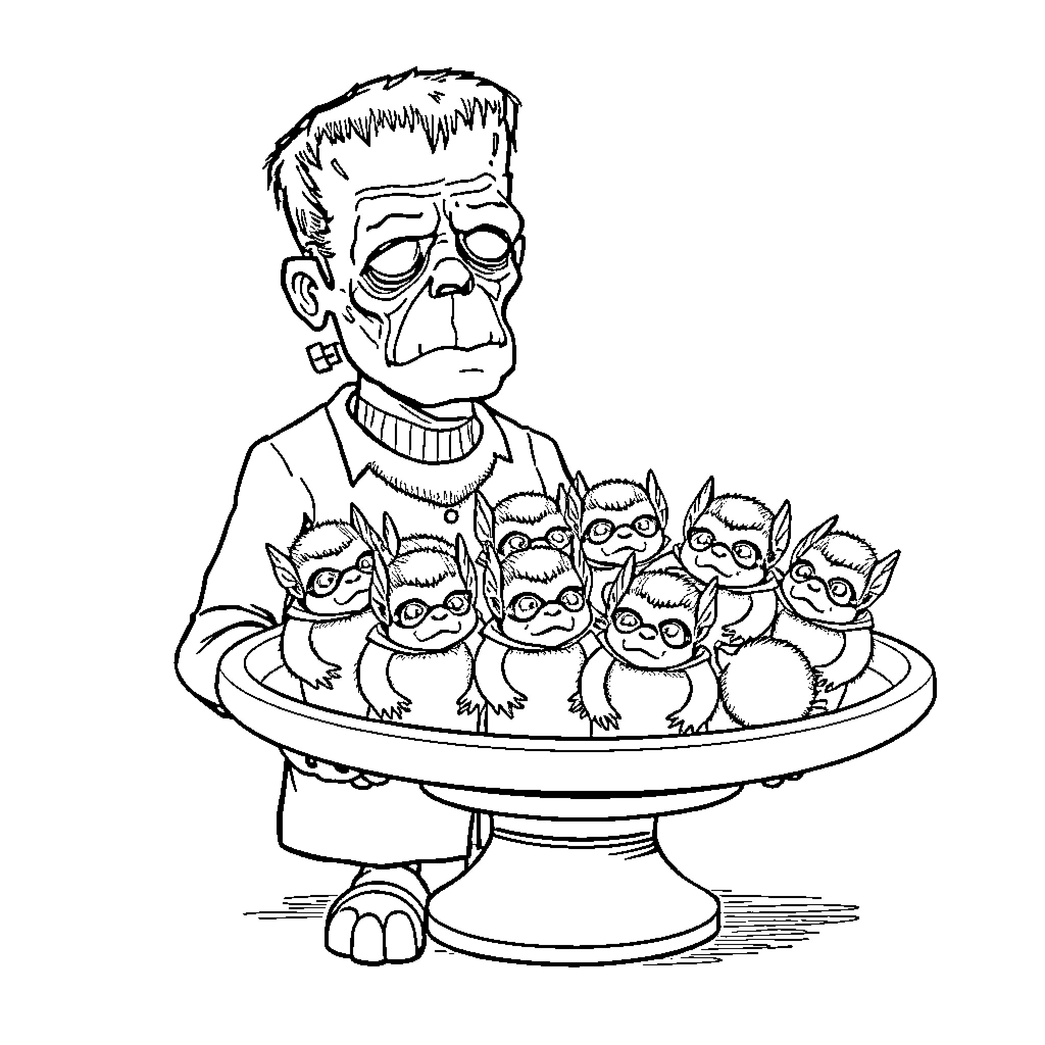 Frankenstein Serving His Monstrous Creations Coloring Page (free black-and-white line drawing printable PDF for all, from beginners to advanced learners, including children, teens, adults, and seniors)