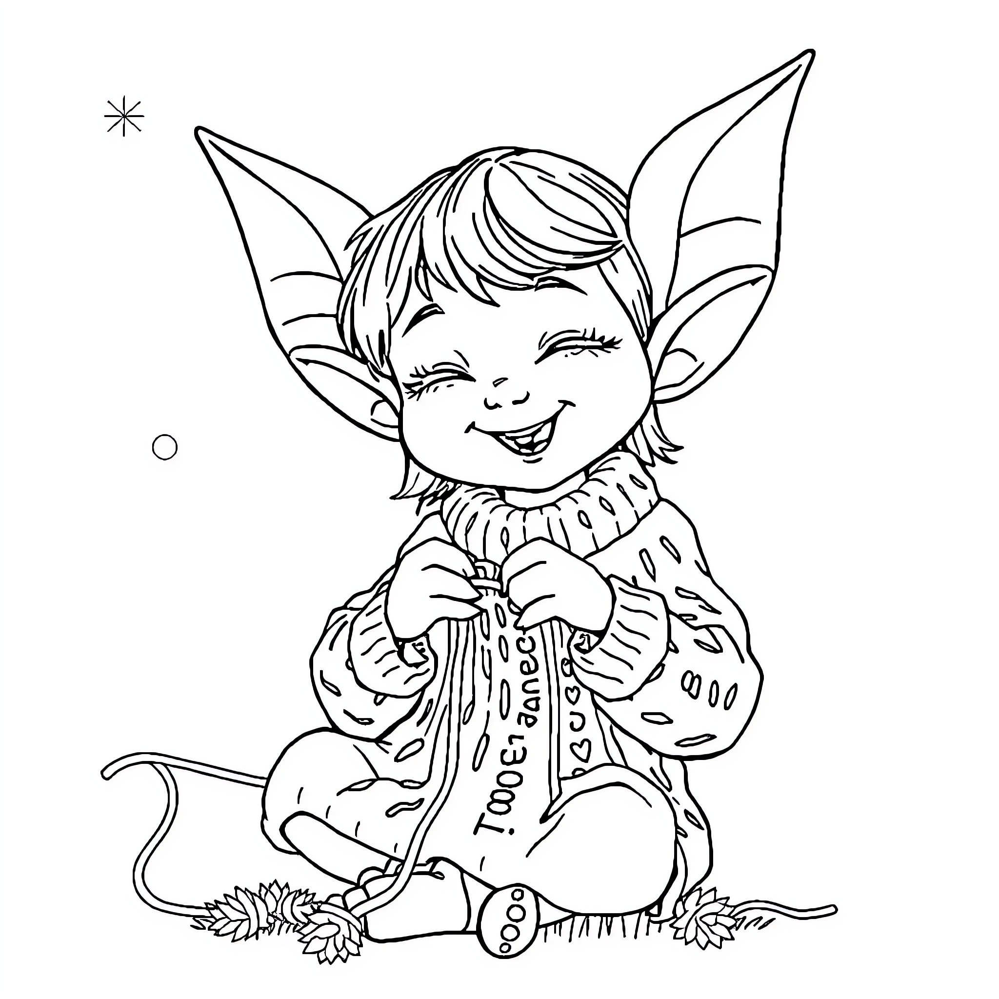 Elf happily playing with toys in the night Coloring Page (free black-and-white line drawing printable PDF for all, from beginners to advanced learners, including children, teens, adults, and seniors)
