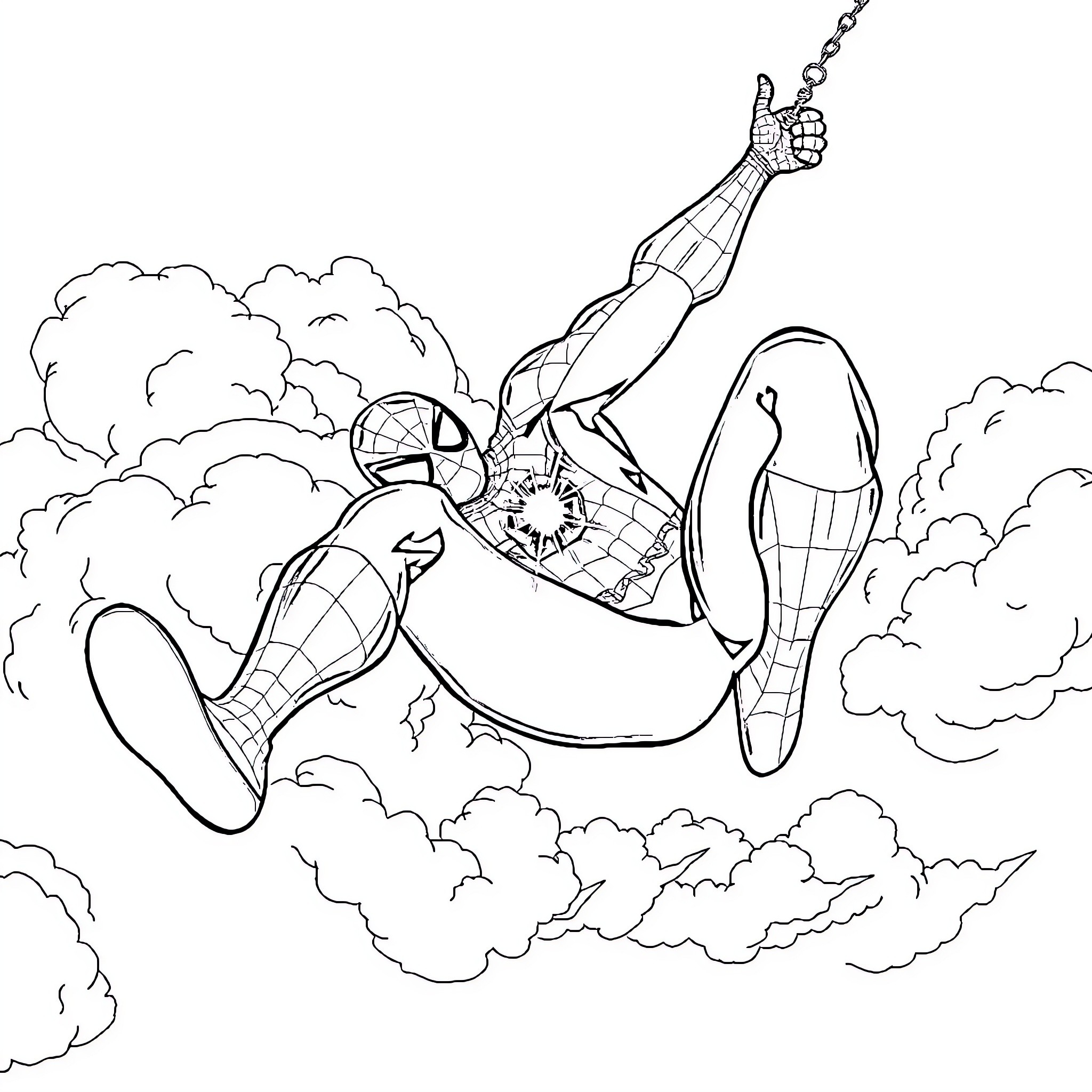 Spider-Man swinging through the clouds in heroic action Coloring Page (free black-and-white line drawing printable PDF for all, from beginners to advanced learners, including children, teens, adults, and seniors)
