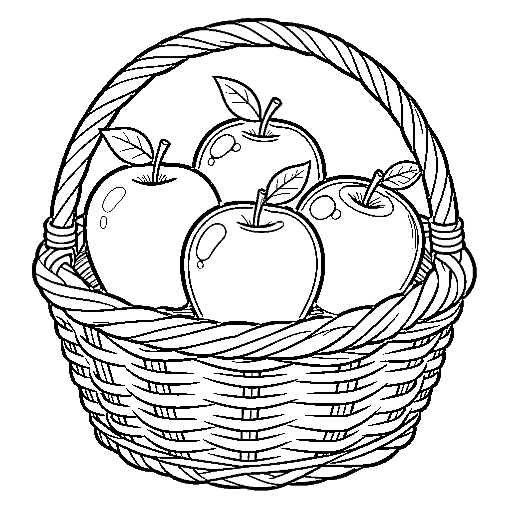 Apple Basket with Fruit Coloring Page (free black-and-white line drawing printable PDF for all, from beginners to advanced learners, including children, teens, adults, and seniors)