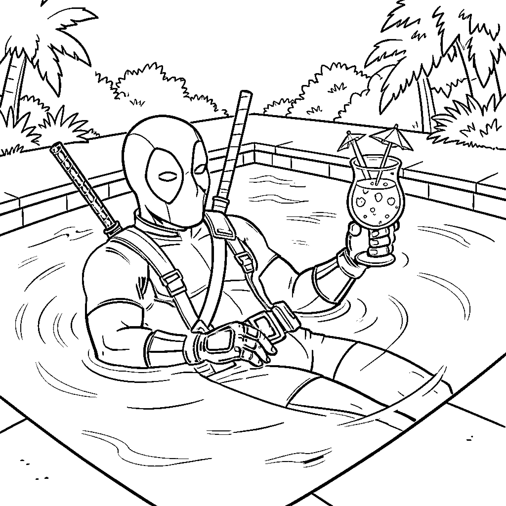 Deadpool relaxing in a tropical setting Coloring Page (free black-and-white line drawing printable PDF for all, from beginners to advanced learners, including children, teens, adults, and seniors)