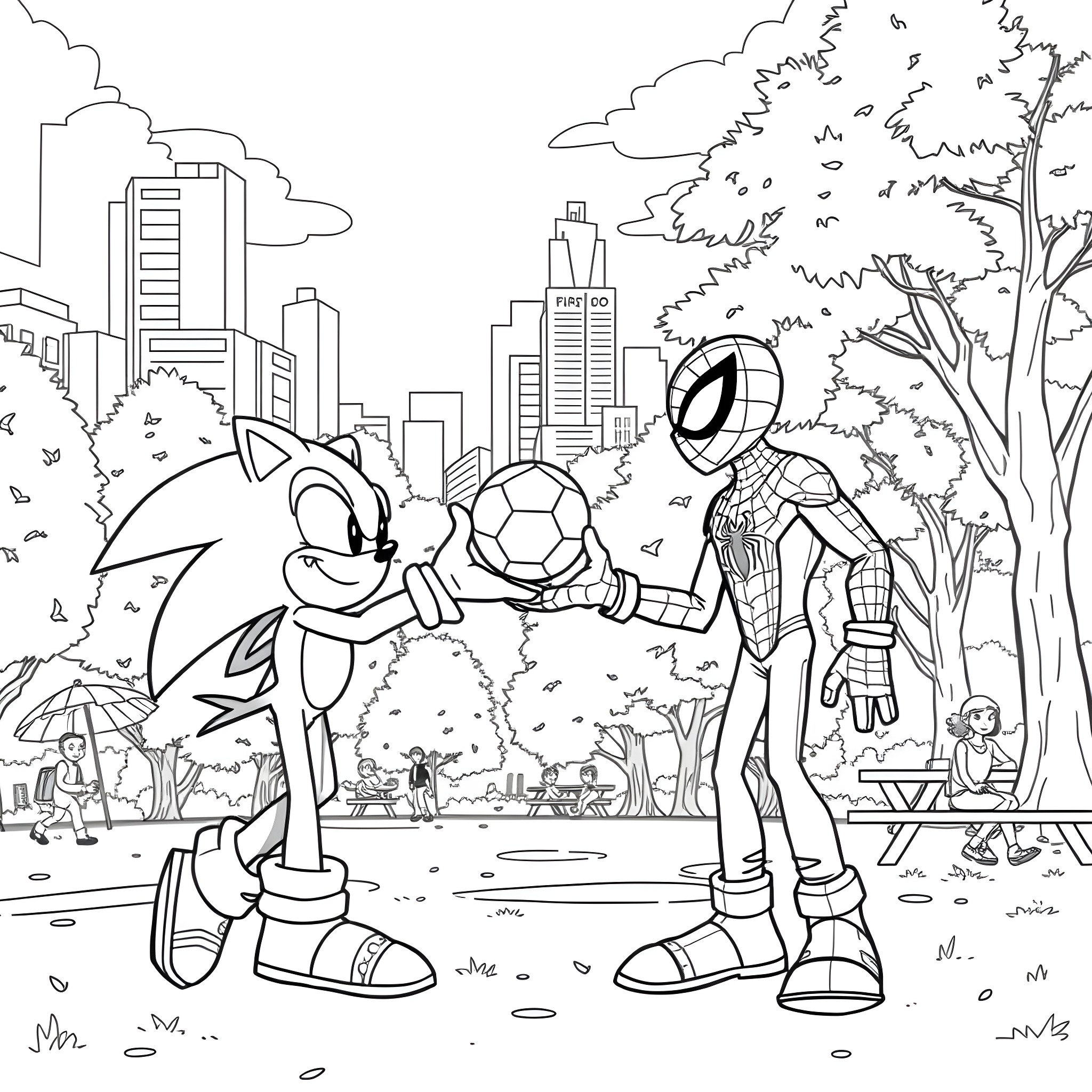 Sonic and Spider-Man play soccer in the city park Coloring Page (free black-and-white line drawing printable PDF for all, from beginners to advanced learners, including children, teens, adults, and seniors)